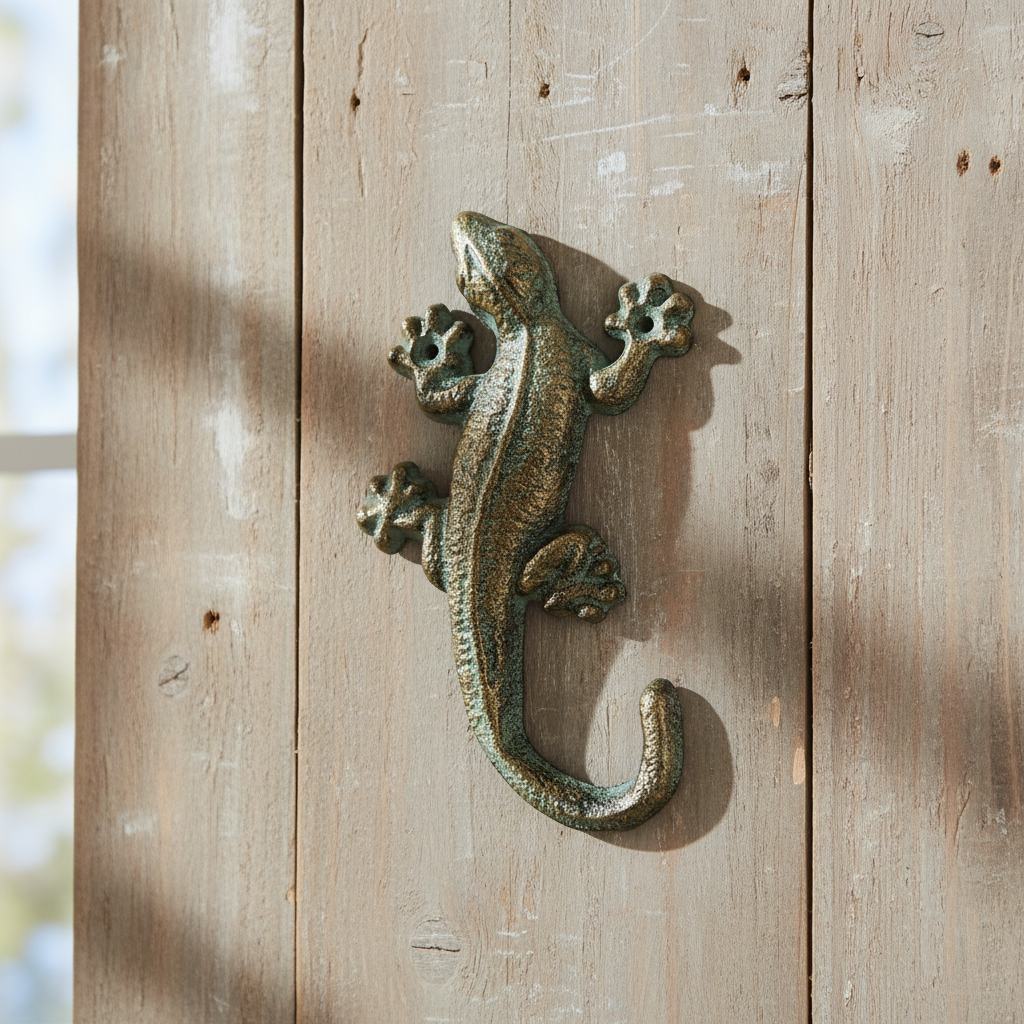 Green & Gold Cast Iron Gecko Wall Hook, Unique Lizard Key, Coat & Towel Hanger