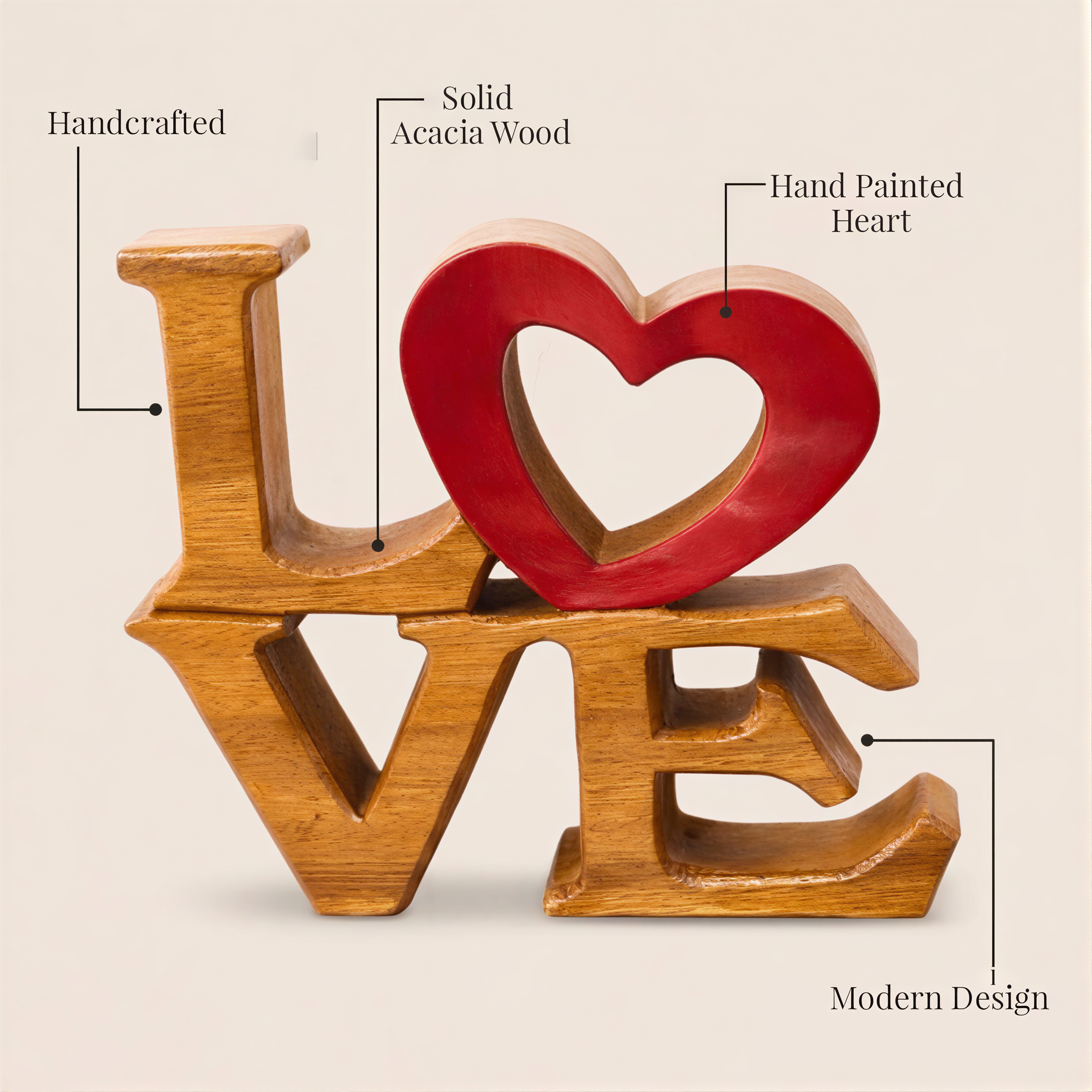 Handmade Wooden Sculpture – Elmija Love Word Sign, Solid Acacia Wood Art