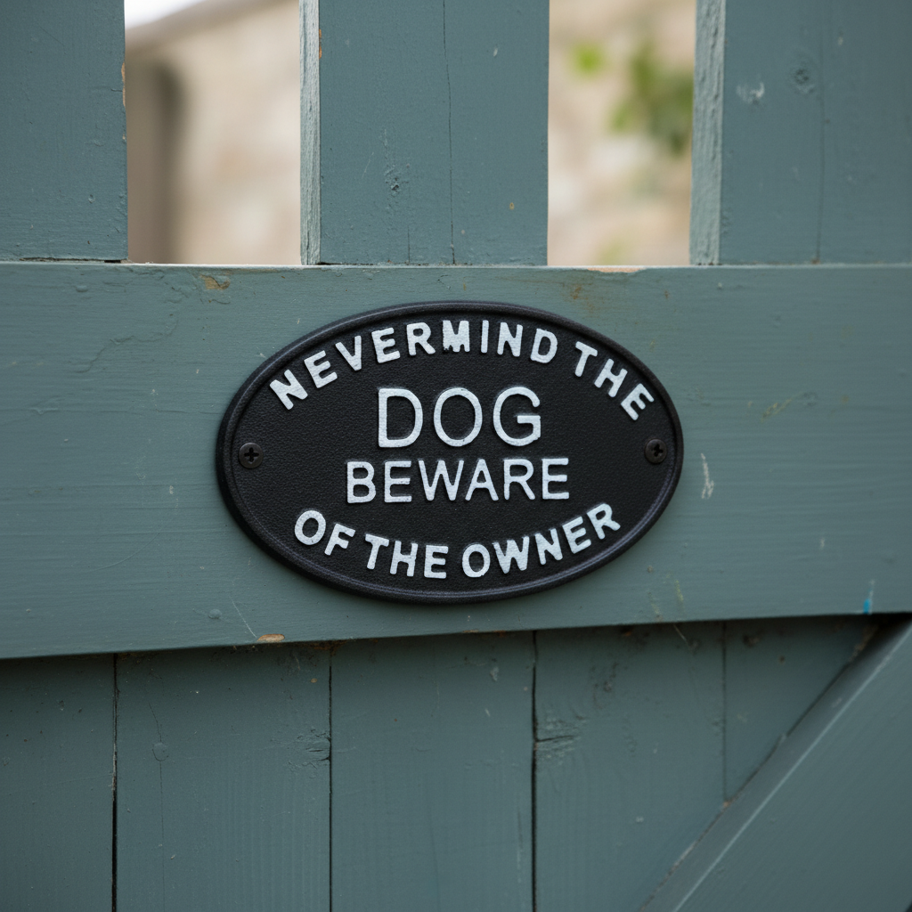 Tongue-in-Cheek Cast Iron Plaque: Nevermind Dog, Beware Of The Owner
