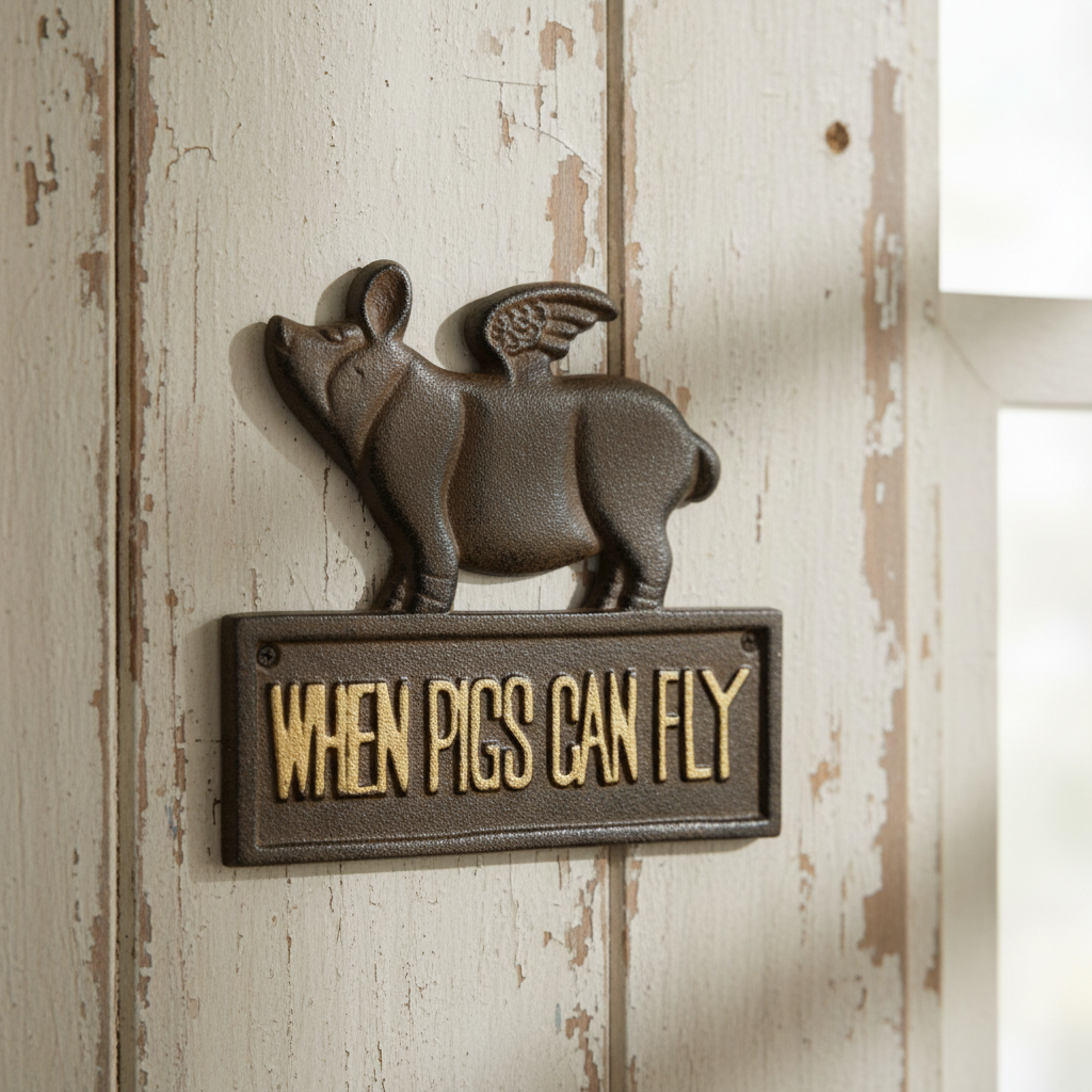 Whimsical Cast Iron Plaque: When Pigs Can Fly - Fun Vintage Sign