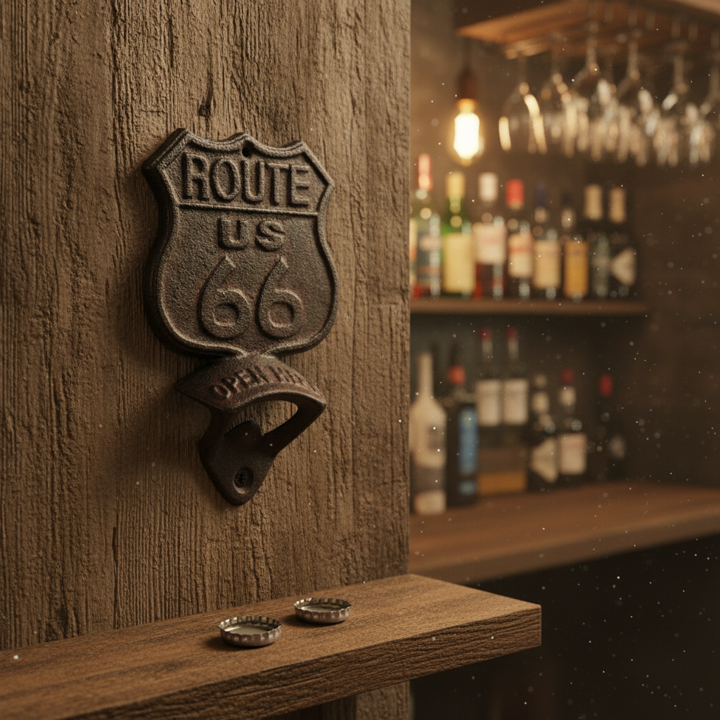 Route 66 Cast Iron Bottle Opener, Vintage Americana Bar Accessory
