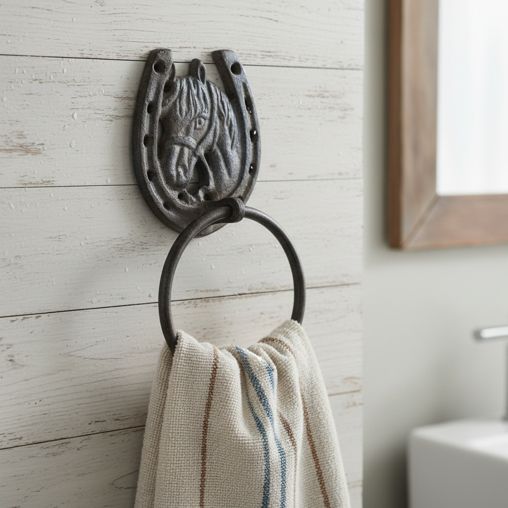 Equestrian Cast Iron Horse Head Towel Ring, Rustic Bath & Kitchen Accent