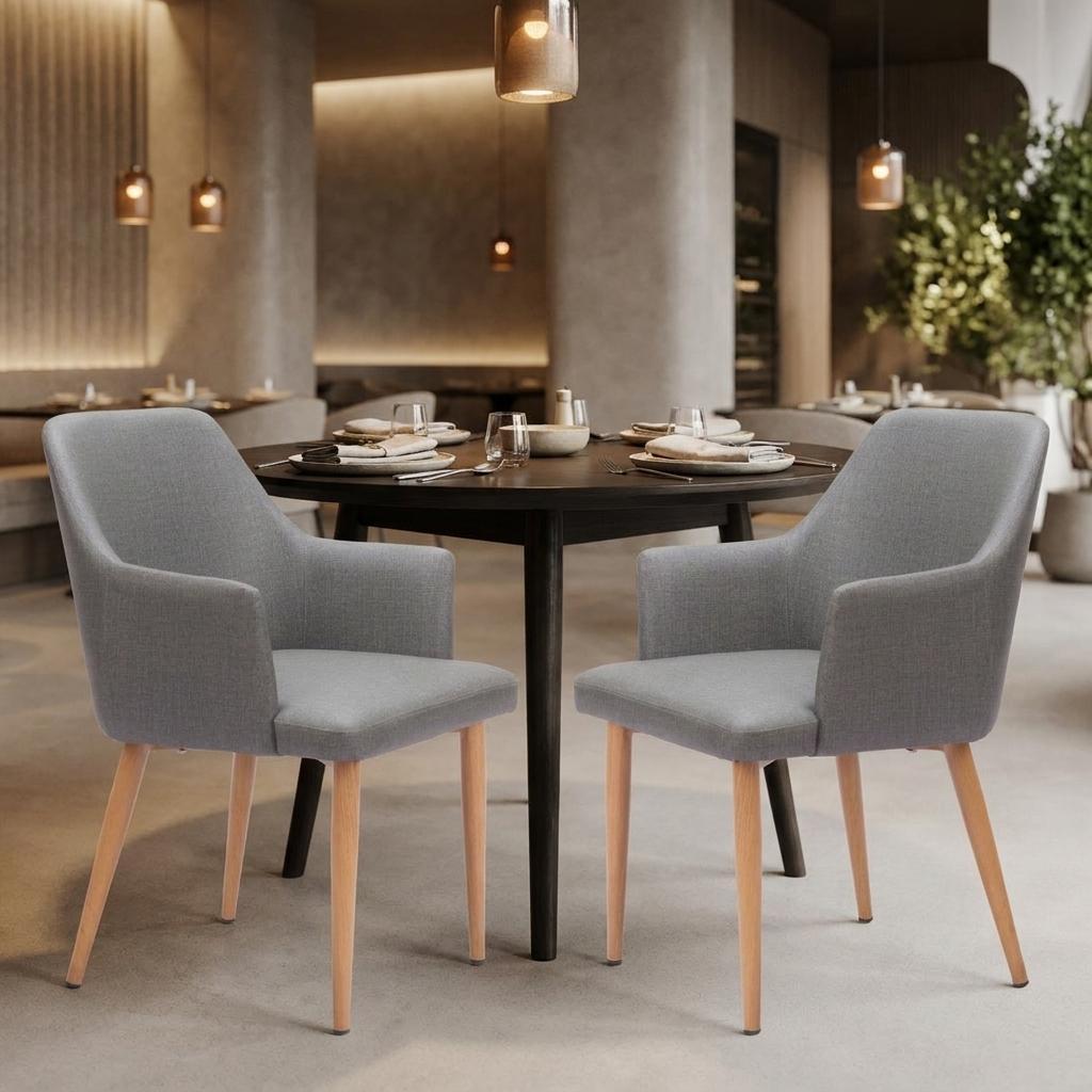 Set of Two Gray And Natural Fabric And Wood Dining Arm Chairs