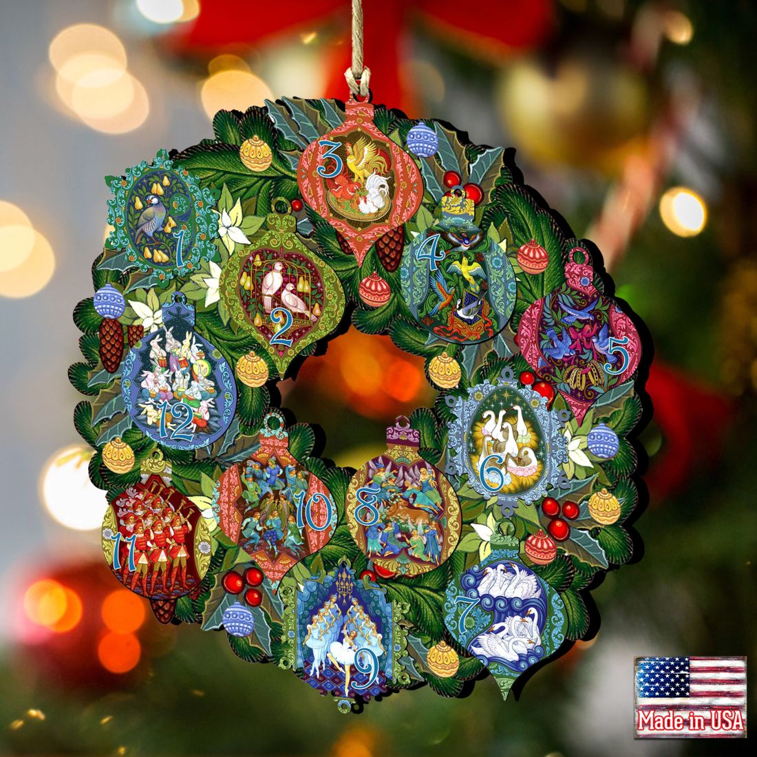 12 Days of Christmas Wreath Wooden Ornaments by G. Debrekht - Christmas Decor - 8185313