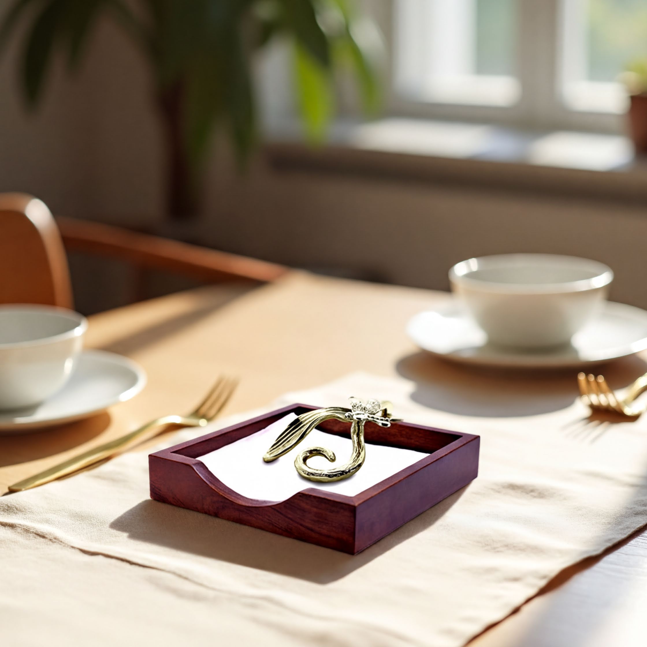 Wooden Napkin Holder - Silver Gold Metal Finish Ornament with Weighted Arm