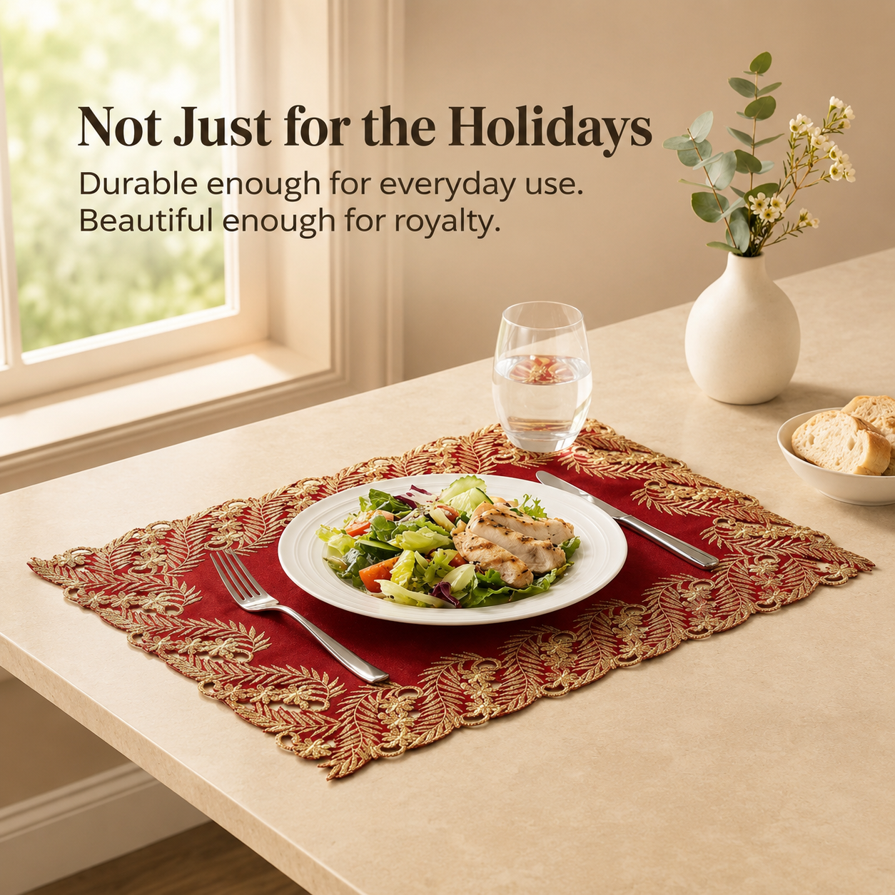 Burgundy Gold Placemats – Embroidered Table Placemats 12x18 Inch | Rustic Dining Mats