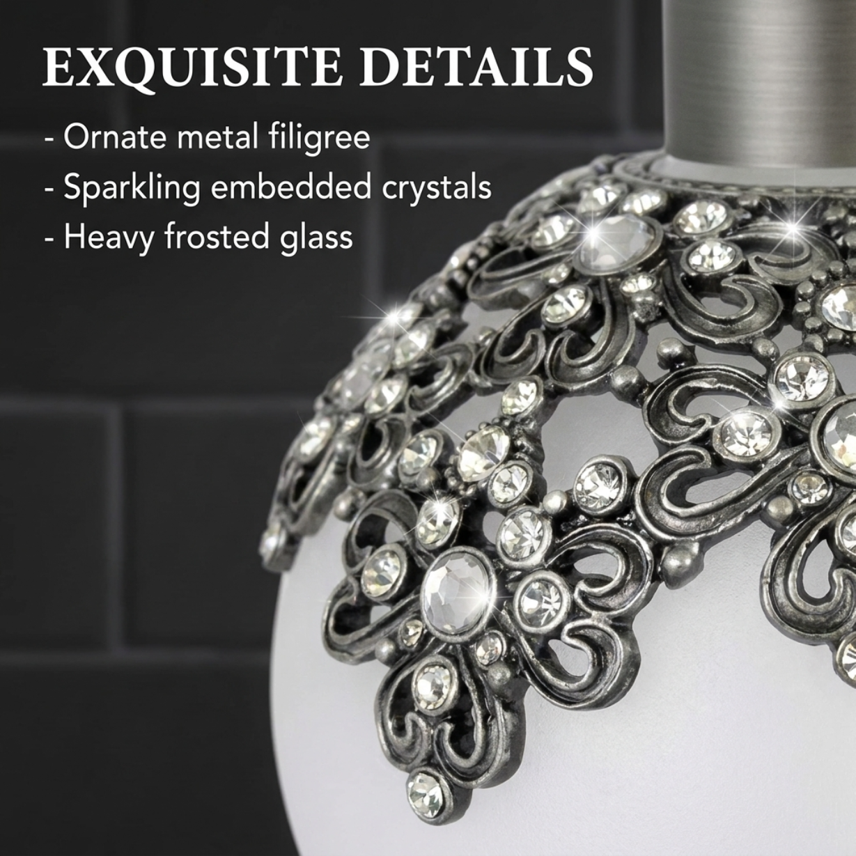 Soap Dispenser – Frosted Glass Bathroom Lotion Pump with Pewter & Rhinestones