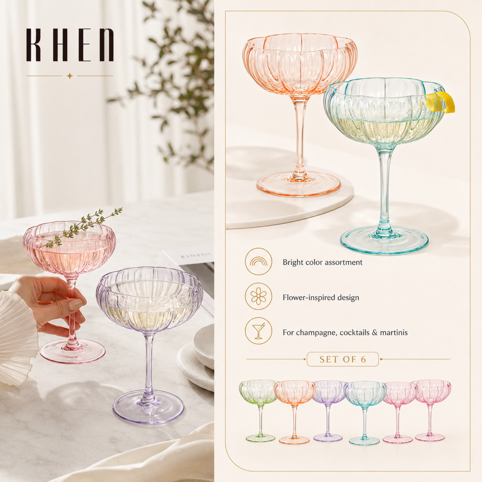 Flower Coupe Cocktail Glasses | Set of 6 | Bright Colors