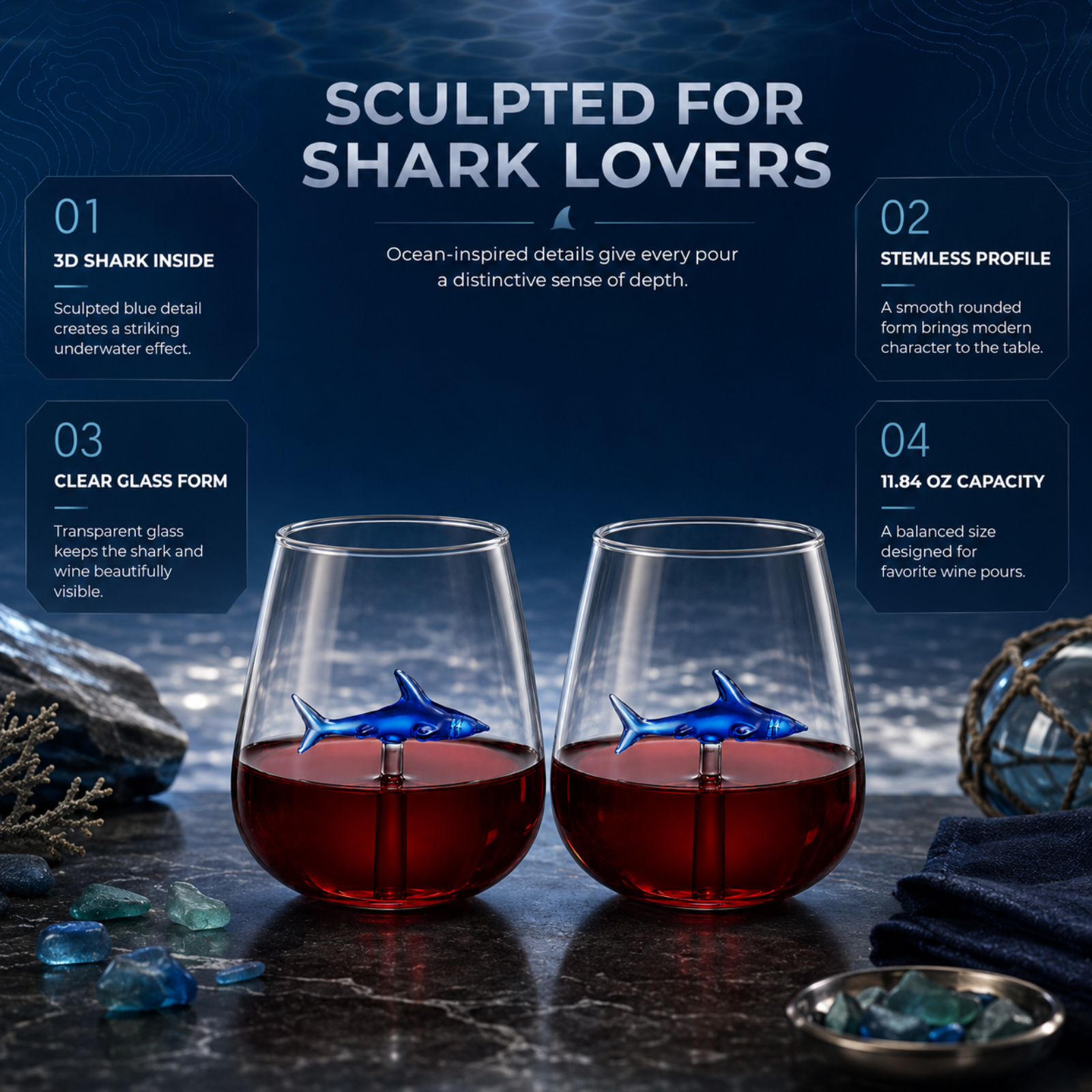 Handcrafted Stemless Shark Wine Glass - Personalized Set of 2