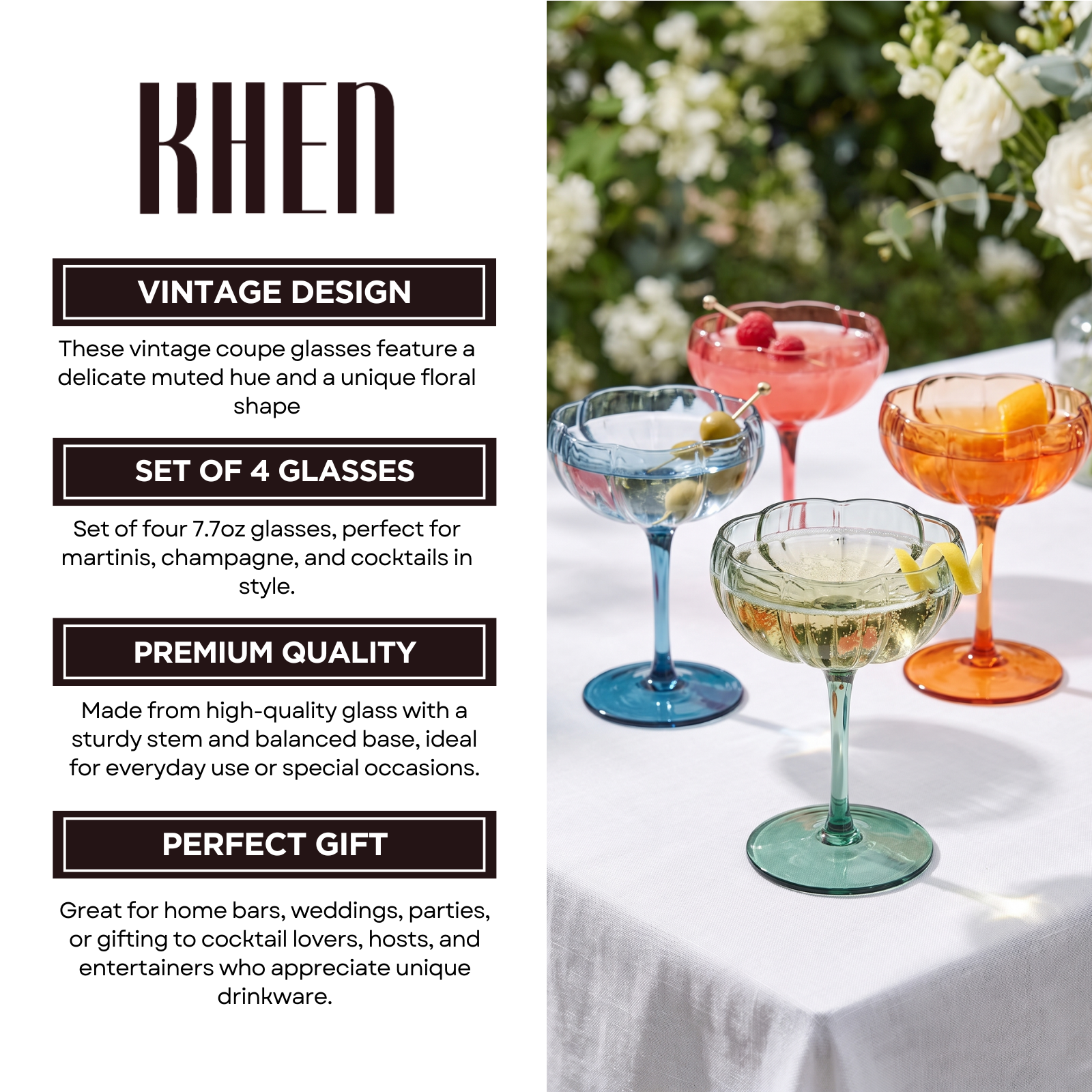 Flower Coupe Cocktail Colored Glasses | Set of 4 | Muted