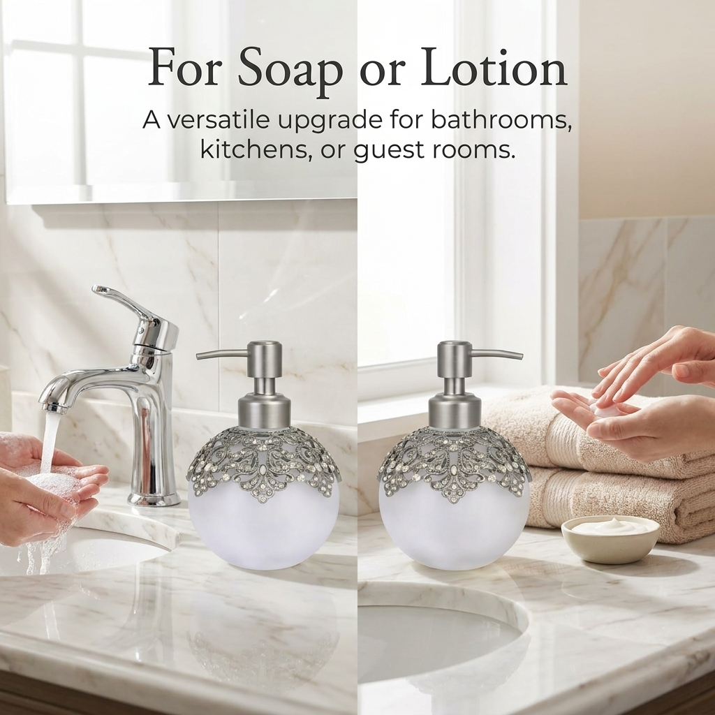 Soap Dispenser – Isolde Essence Frosted Glass Decorative Bathroom Accessory 12 oz
