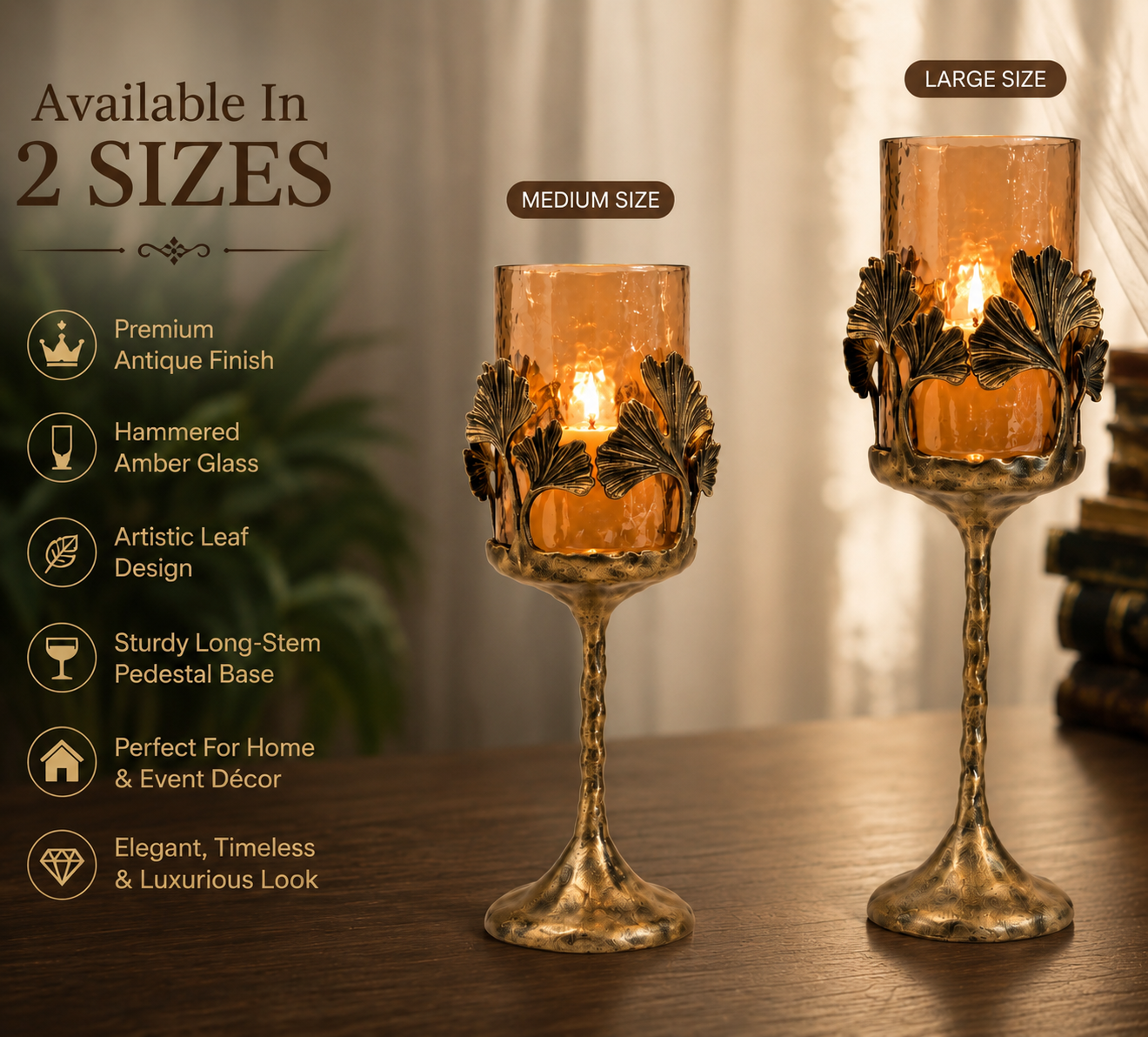 Gold Candle Holder - Glass Hurricane with Gingko Leaf Design for Indoor Decor