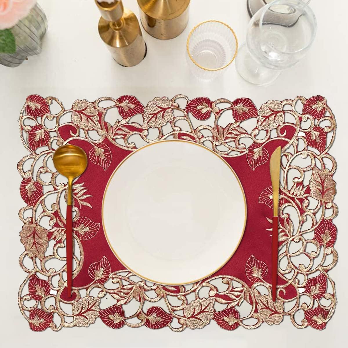 Burgundy Gold Placemats – Rustic Embroidered Table Mats for Dining Decor 12x18 Inch