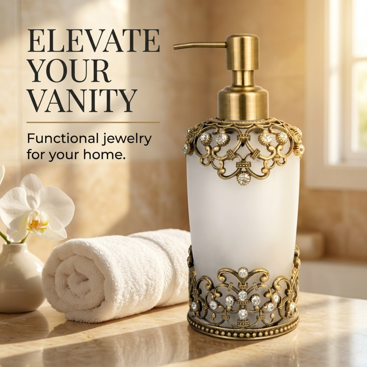 Amara Soap Dispenser – Frosted Glass Decorative Bathroom Accessory With Pewter Finish
