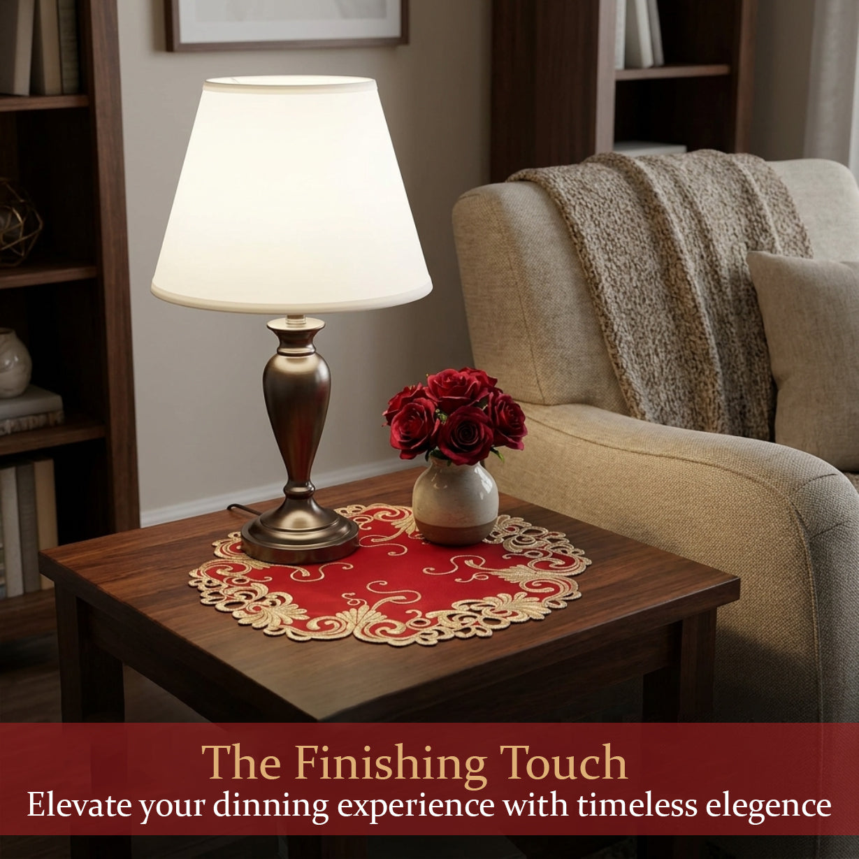 Burgundy Gold Doilies – 15 Inch Polyester Embroidered Table Doilies | Chantelle Collection