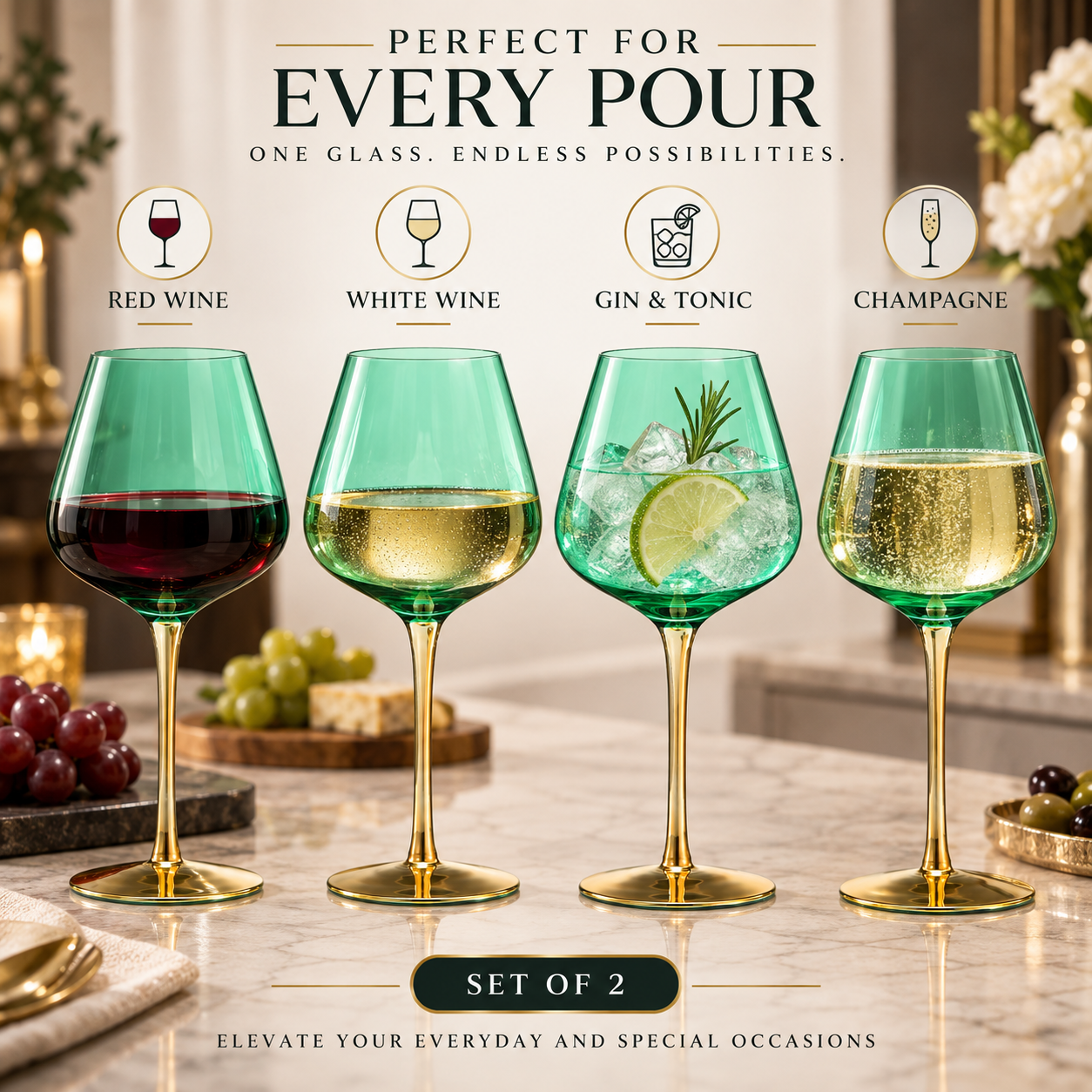 Deco Stemmed Wine Glassware, Set of 2