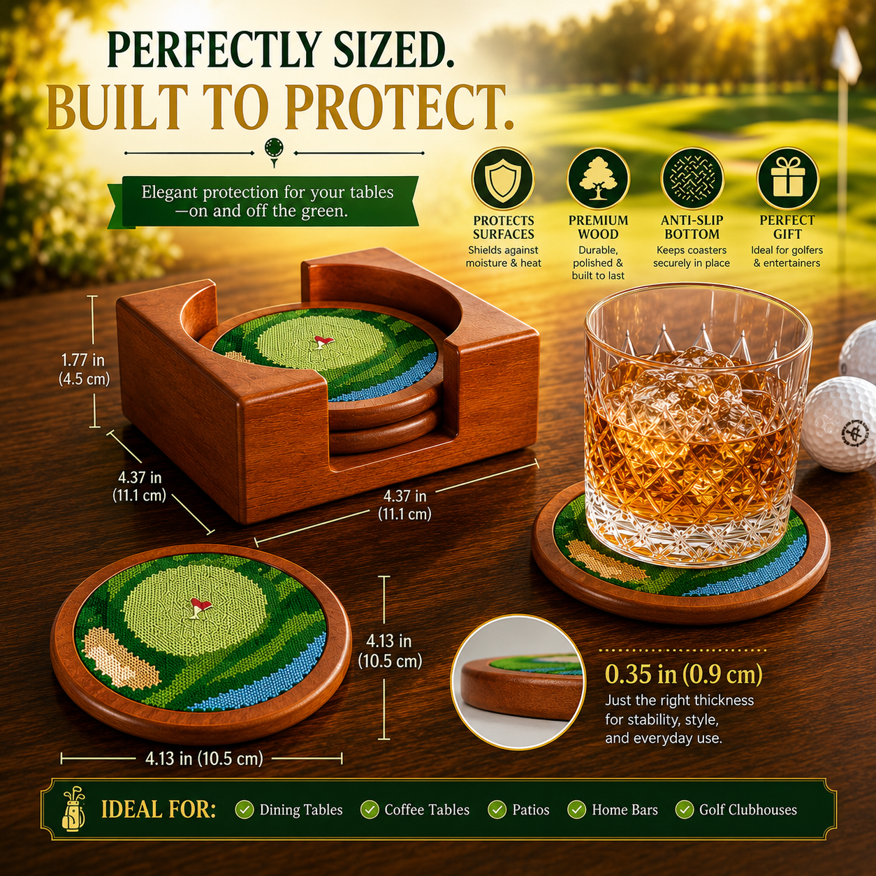 Golf Coasters, Durable Wooden Drink Coasters with Holder