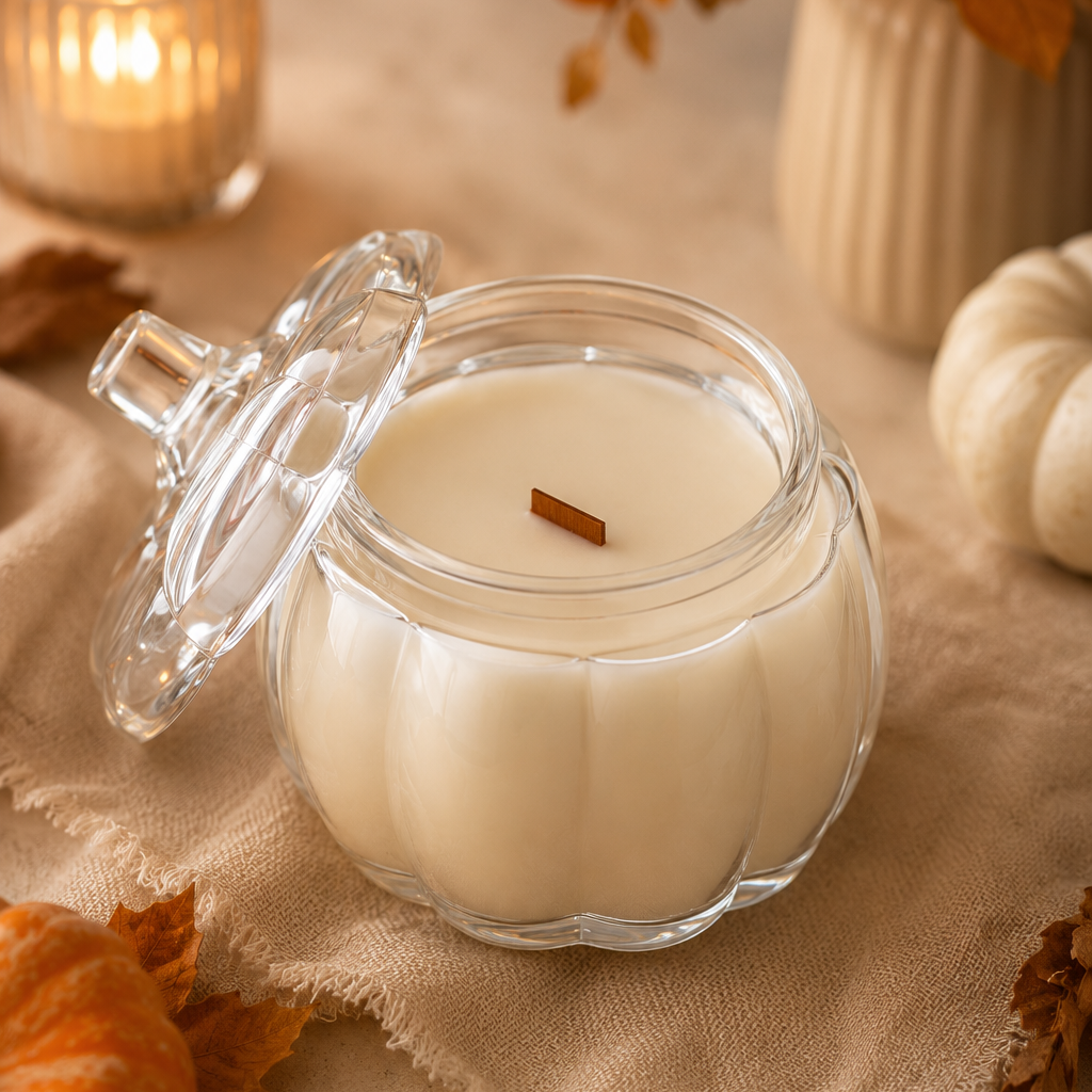 Pumpkin Glass Candle with Lid | Fall Home Decor | Autumn Candle Gift