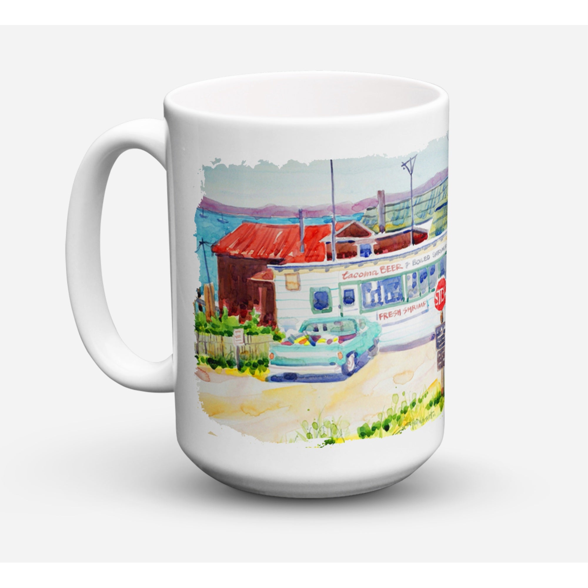 Carolines Treasures 6054CM15 Seafood Shack For Fresh Shrimp Microwavable Ceramic Coffee Mug 15 oz Multicolor