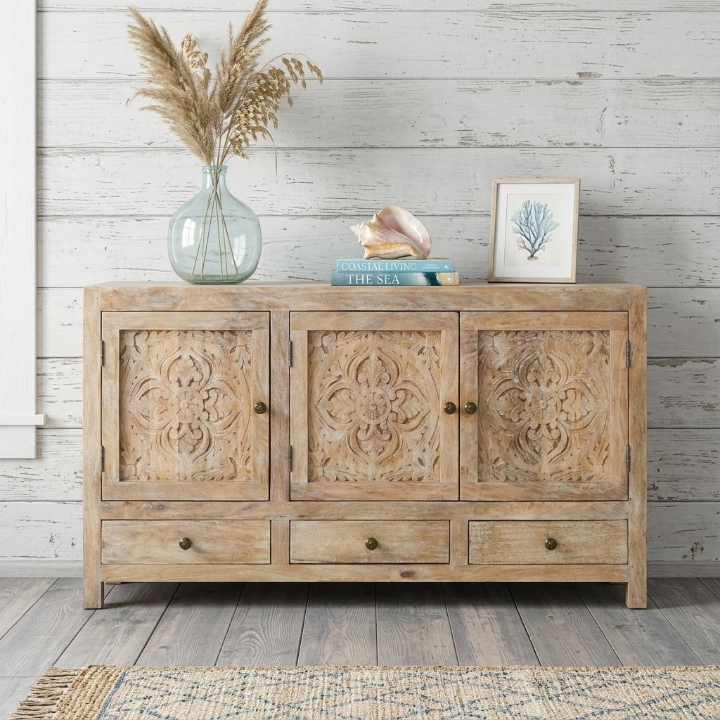 64 Natural Solid Wood Carved Floral Three Drawer Sideboard With Three Doors
