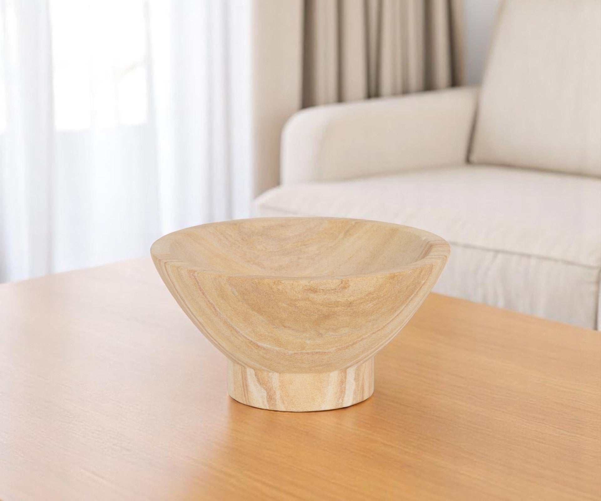8 Beige Sandstone Round Pedestal Centerpiece Bowl
