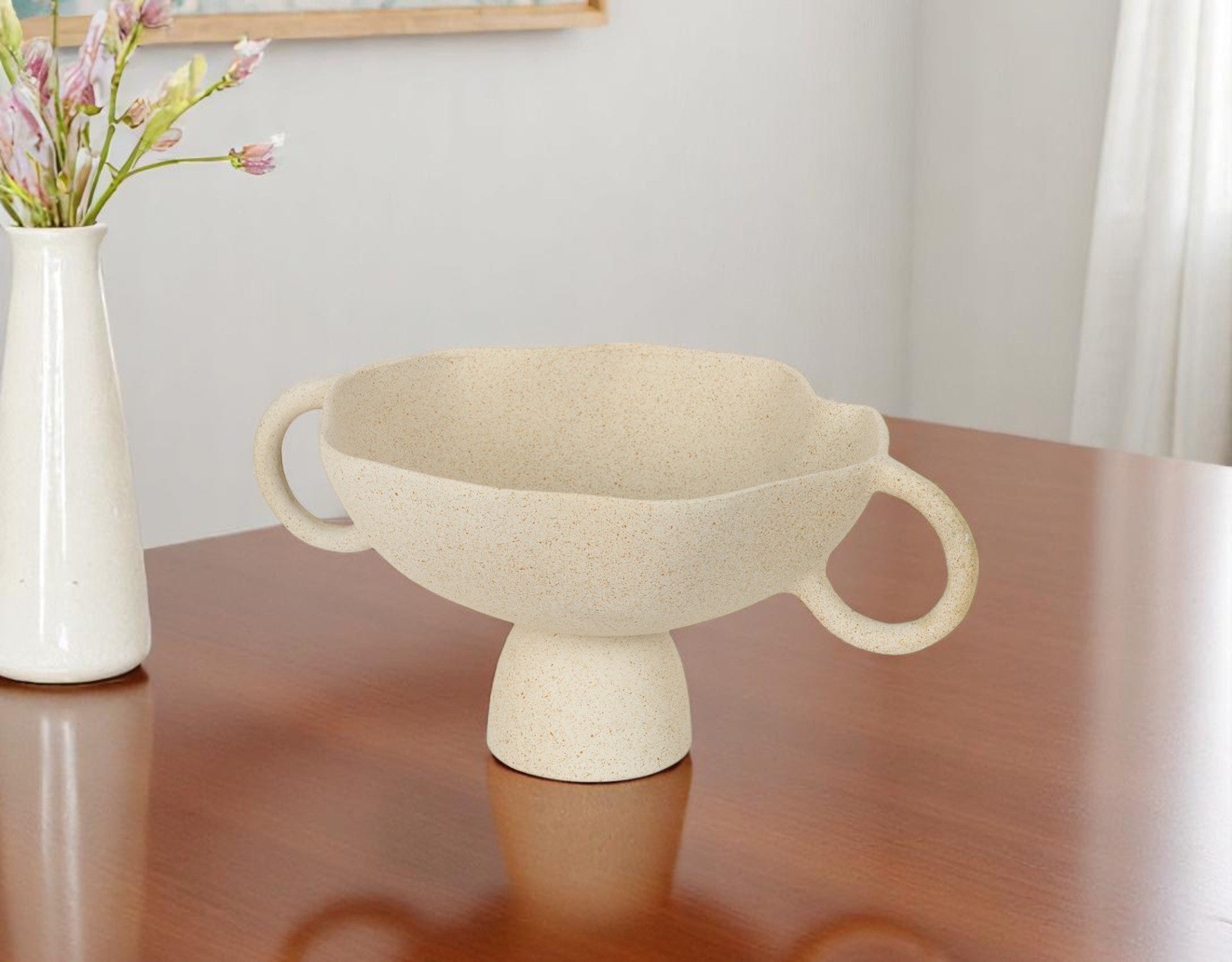 11 Beige Cast Aluminum Round Pedestal Centerpiece Bowl With Handles