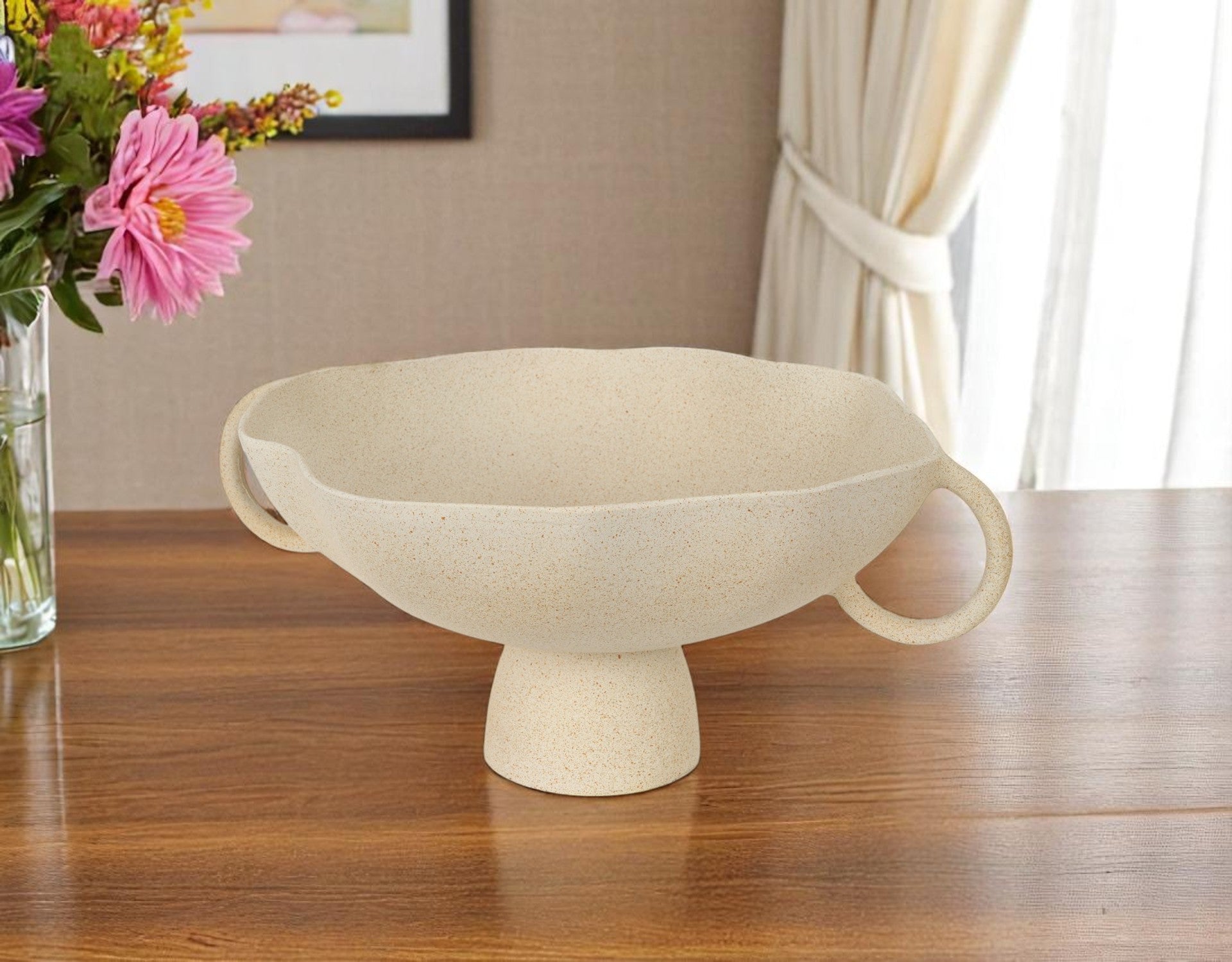 16 Beige Cast Aluminum Round Pedestal Centerpiece Bowl With Handles