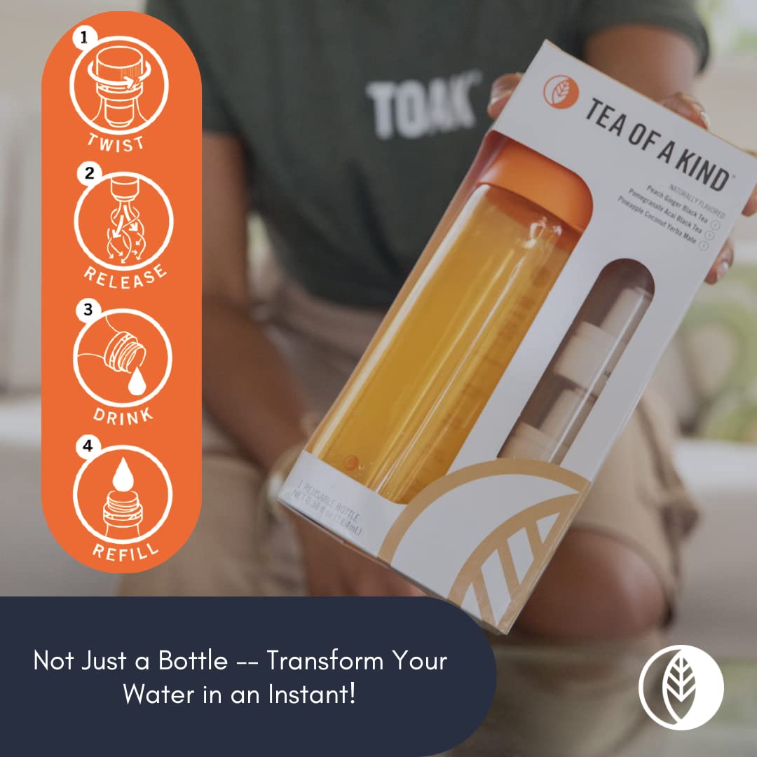 Tea Of A Kind Toak Reusable Water Bottle Starter Kit - Includes 3 Caps To Mix With Your Water, Portable Flavor Caps (Blue Bottle