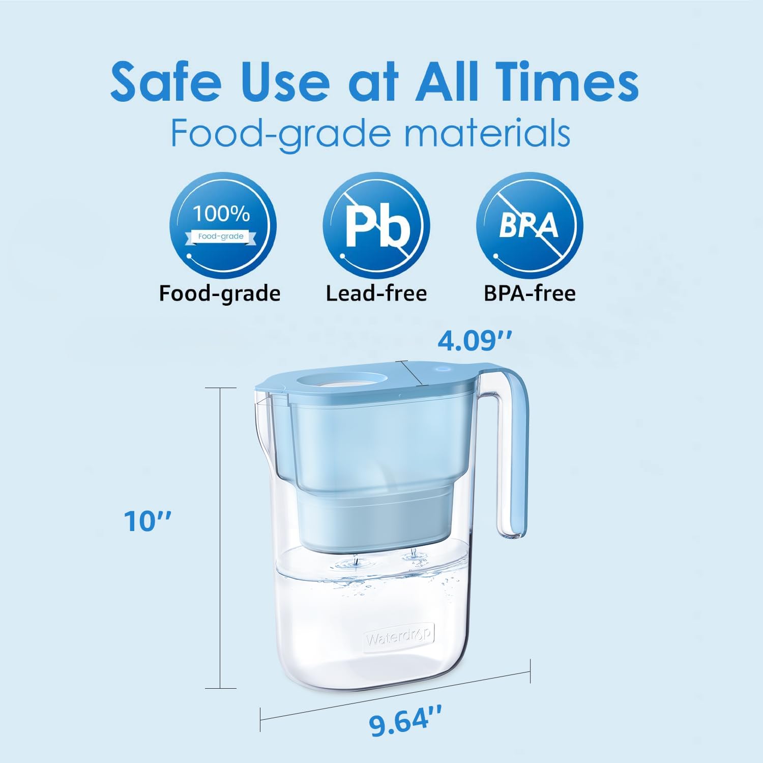 Waterdrop Water Filter Pitcher With 1 Filter, 5X Times Lifetime, Lasts 200 Gallons, For Fridge And Kitchen, Reduces Pfoa/Pfos, C