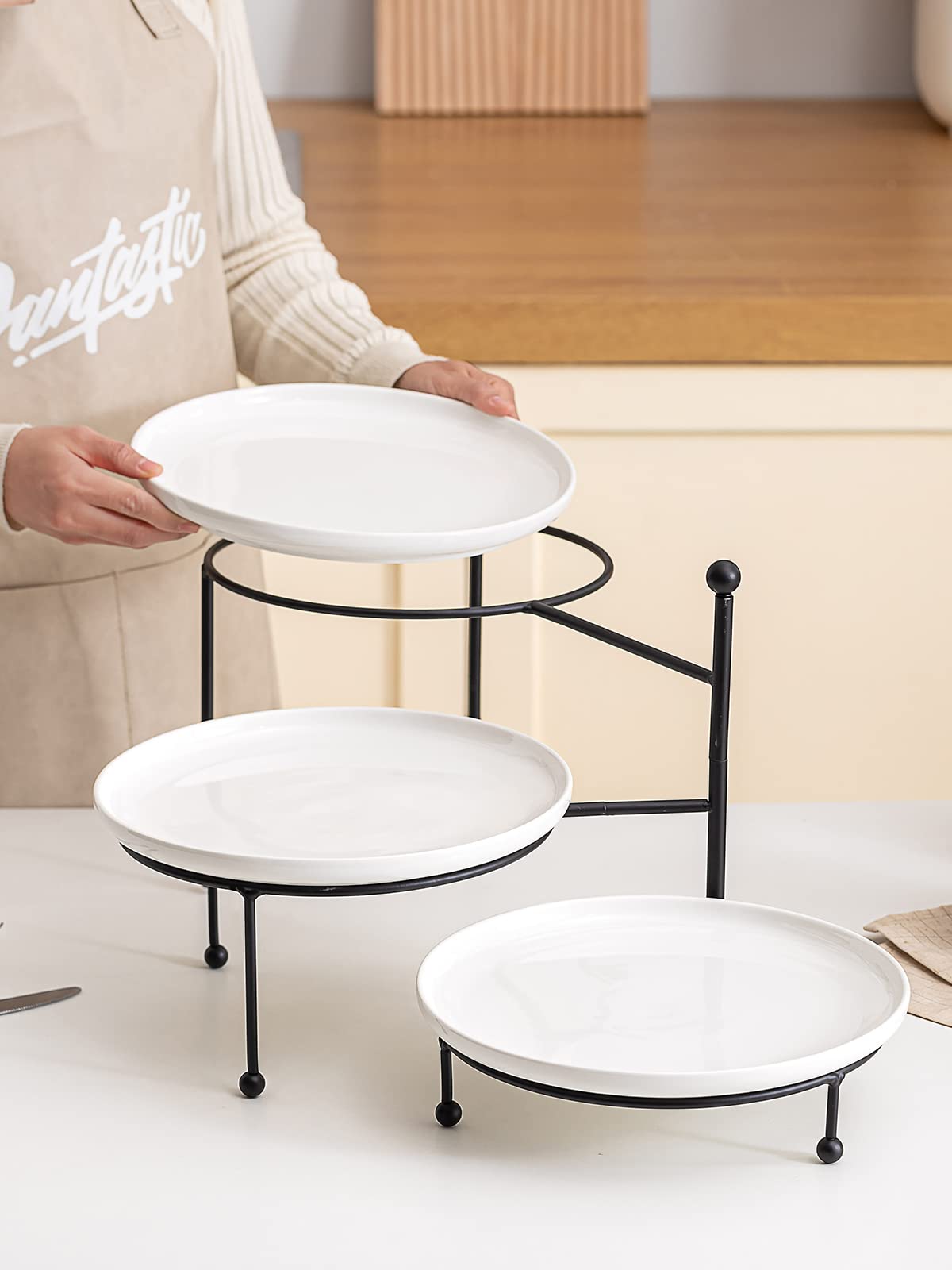 Kanwone 3 Tiered Serving Stand with White Porcelain Plates  Swivel Food Display Stand  10'' x 10'' Tier Serving Trays with Black Metal Stand for Entertaining  3 Tier Dessert Stand