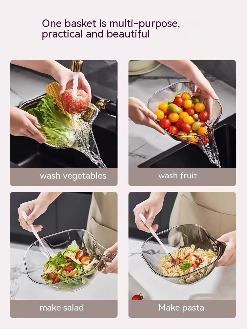 2Pcs Multi-Functional Drain Basket, Drainage Basket Funnel, Multifunctional Fruits Vegetables Draining Bowl Washing Colander Kit