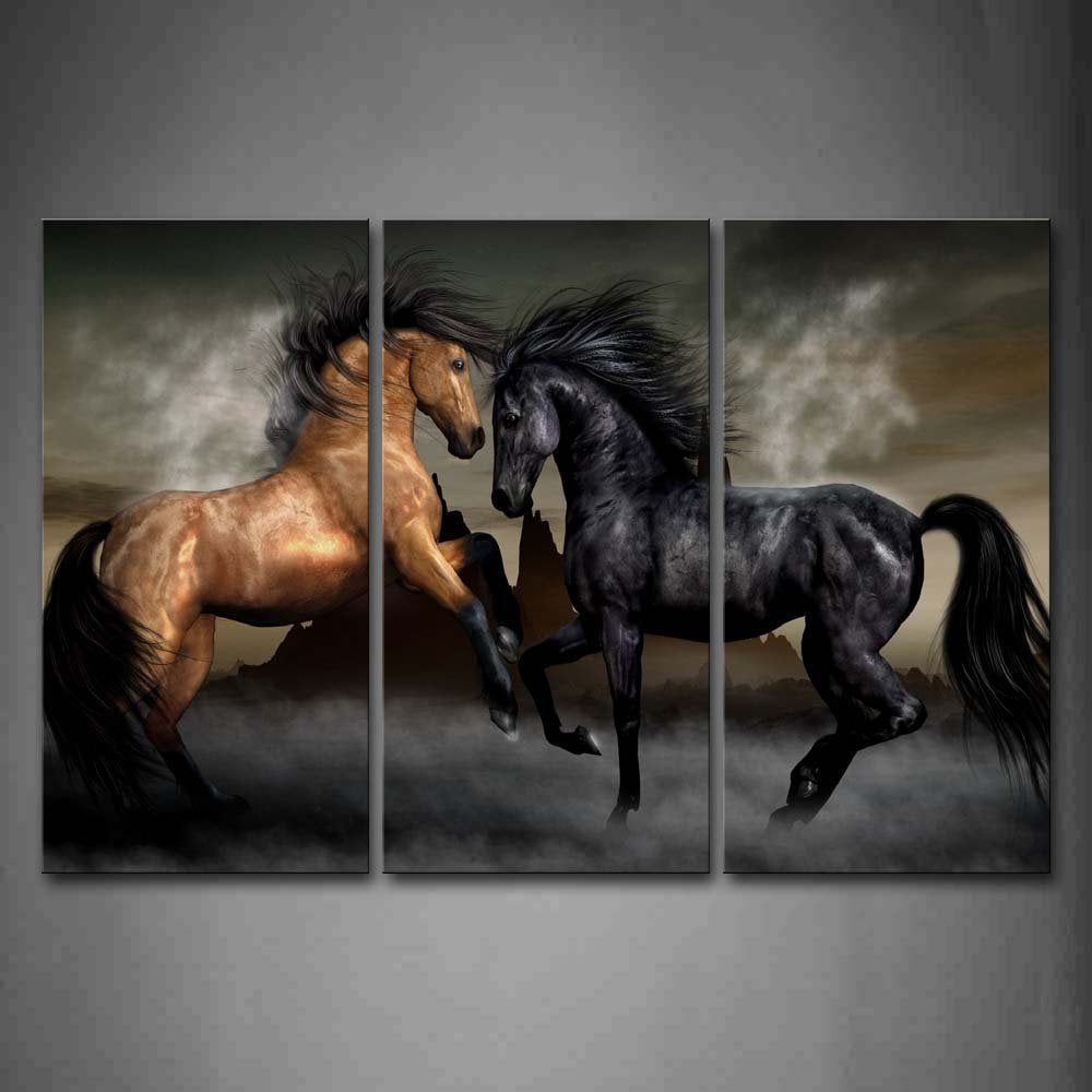 First Wall Art - Yellow And Black Horse Play Together Wall Art Painting The Picture Print On Canvas Animal Pictures For Home Dec