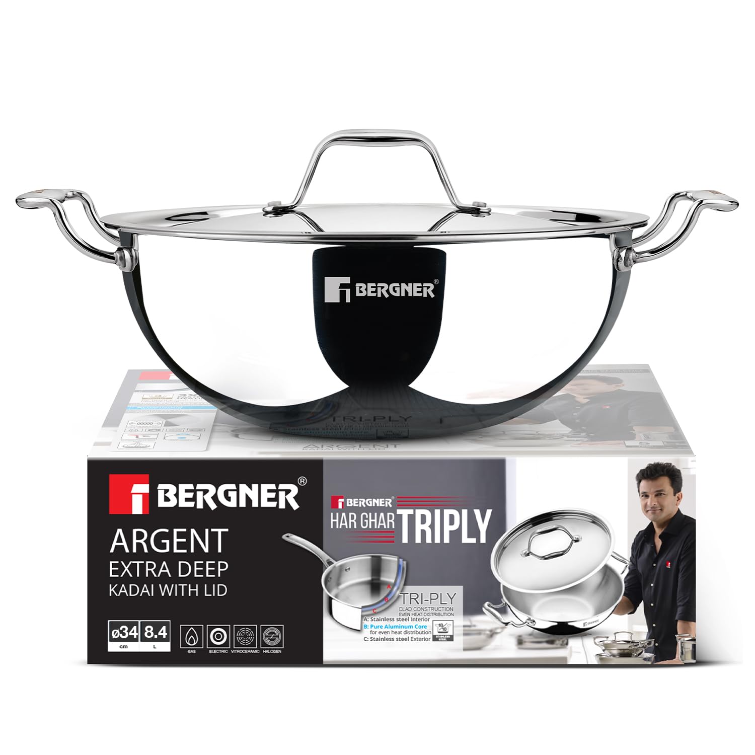 Bergner Argent Triply 34Cm (9.1 Liters) Deep Kadai With Stainless Steel Lid, Consumes Less Oil, Healthy Cooking, Sturdy Stay Coo