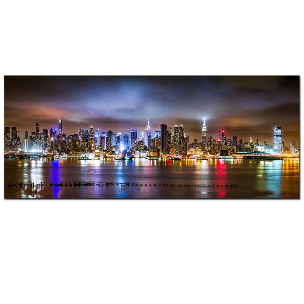 Sechars - New York City Canvas Wall Art Manhattan Skyline Panorama On Cloudy Night Picture Giclee Art Print Modern Home Office W