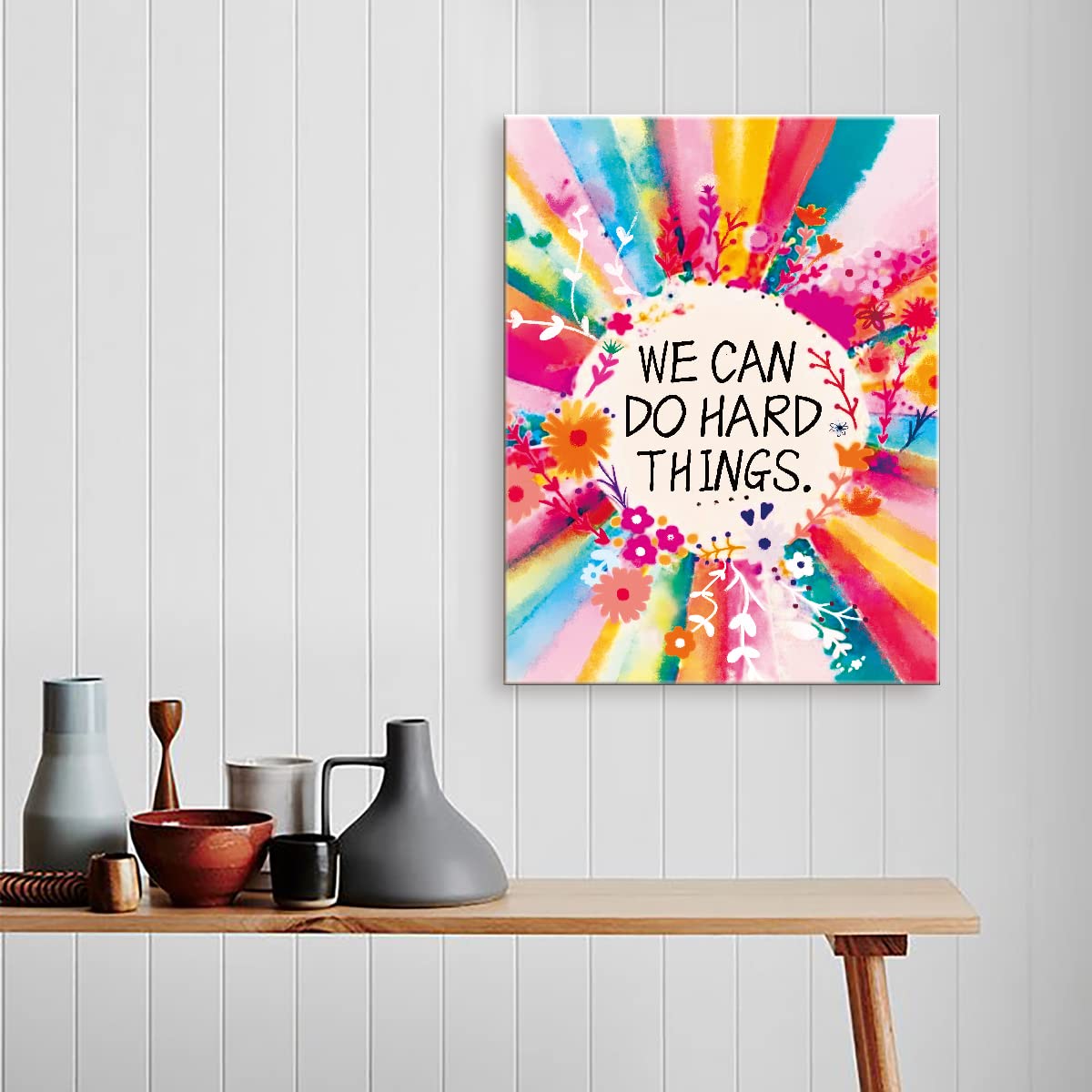 We Can Do Hard Things Inspirational Canvas Framed Wall, Colorful Flowers Girls Affirmation Motivational Canvas Framed Print For