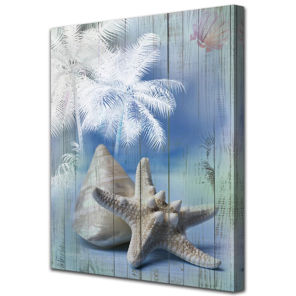 Acocifi Bathroom Blue Ocean Picture Palm Tree Coastal Conch Seashell Painting Starfish Canvas Wall Art Modern Artwork Framed For