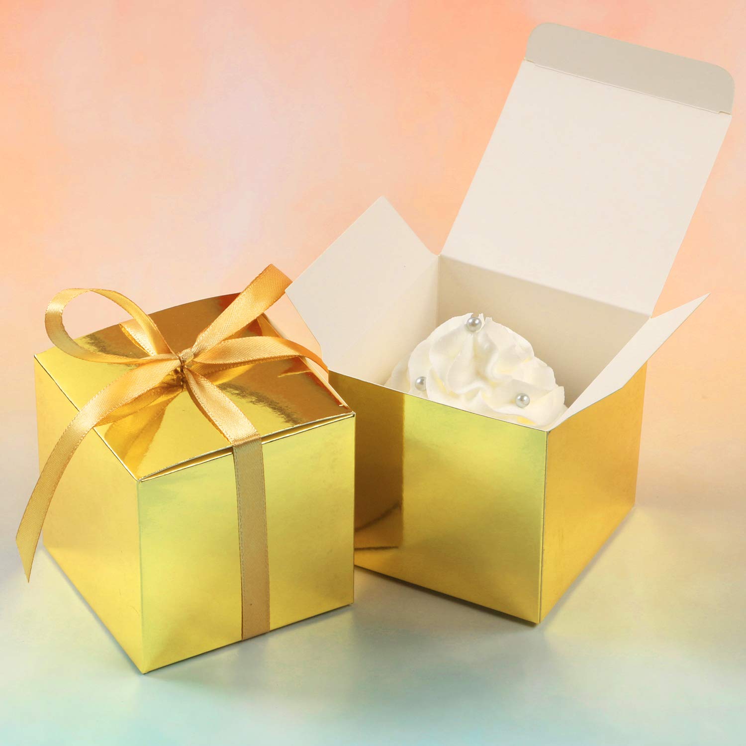 Cotopher 100Pcs Small Gift Boxes, Favor Boxes 2X2X2 Inches Paper Gift Boxes With Ribbons Candy Box For Wedding Favors Baby Showe