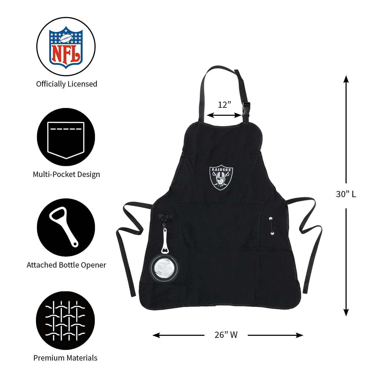 Team Sports America NFL Las Vegas Raiders Ultimate Grilling Apron  Bottle Opener and Insulated Beverage Holder  Heavy Duty Durable Cotton Canvas 300 GSM  Machine Washable  Adjustable Straps