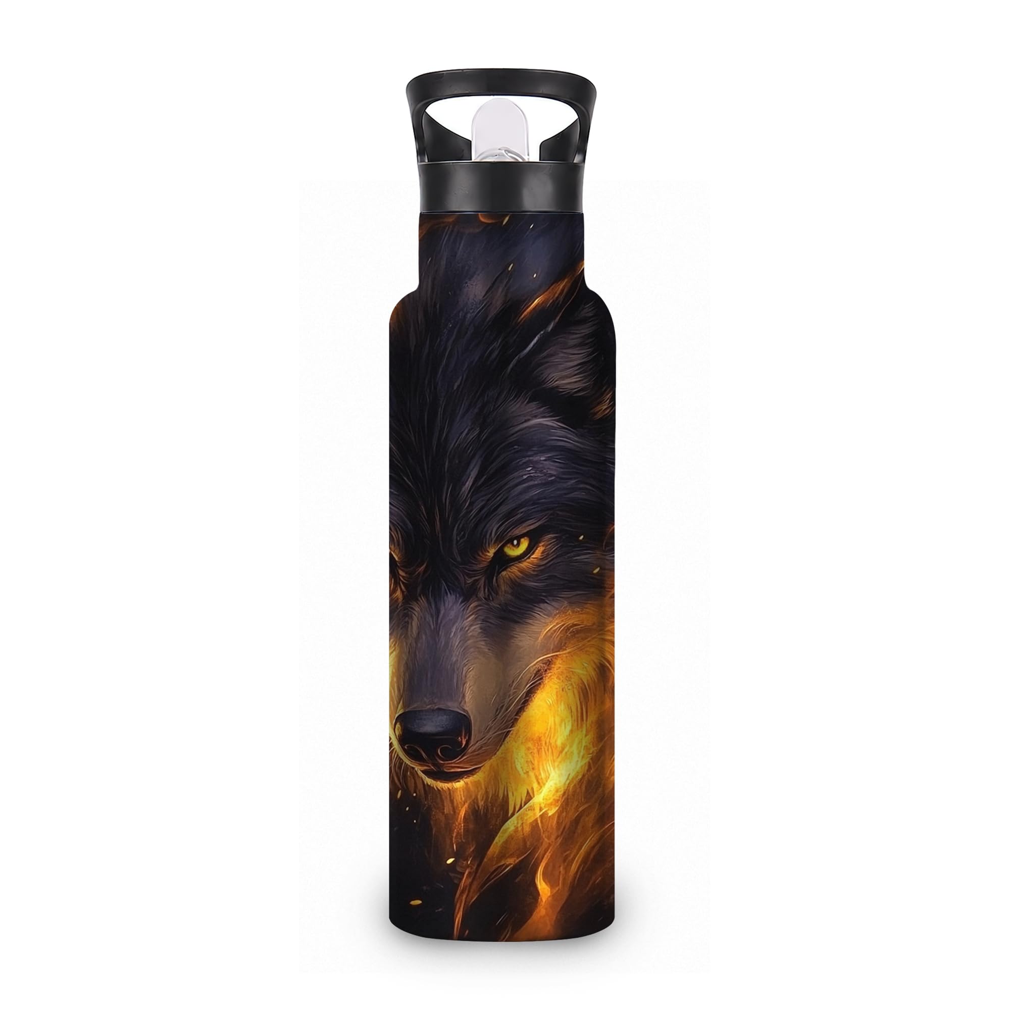 ICRICR Water Bottles with Straw,Fire Wolf Stainless Steel Cup Leak Resistant Double Wall Head Art Insulated Water Bottle with Ha