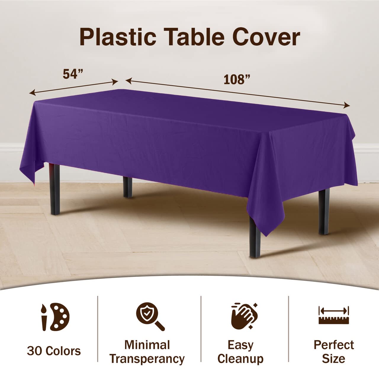 Exquisite 12-Pack Premium Plastic Tablecloth 54In. X 108In. Rectangle Table Cover - Purple