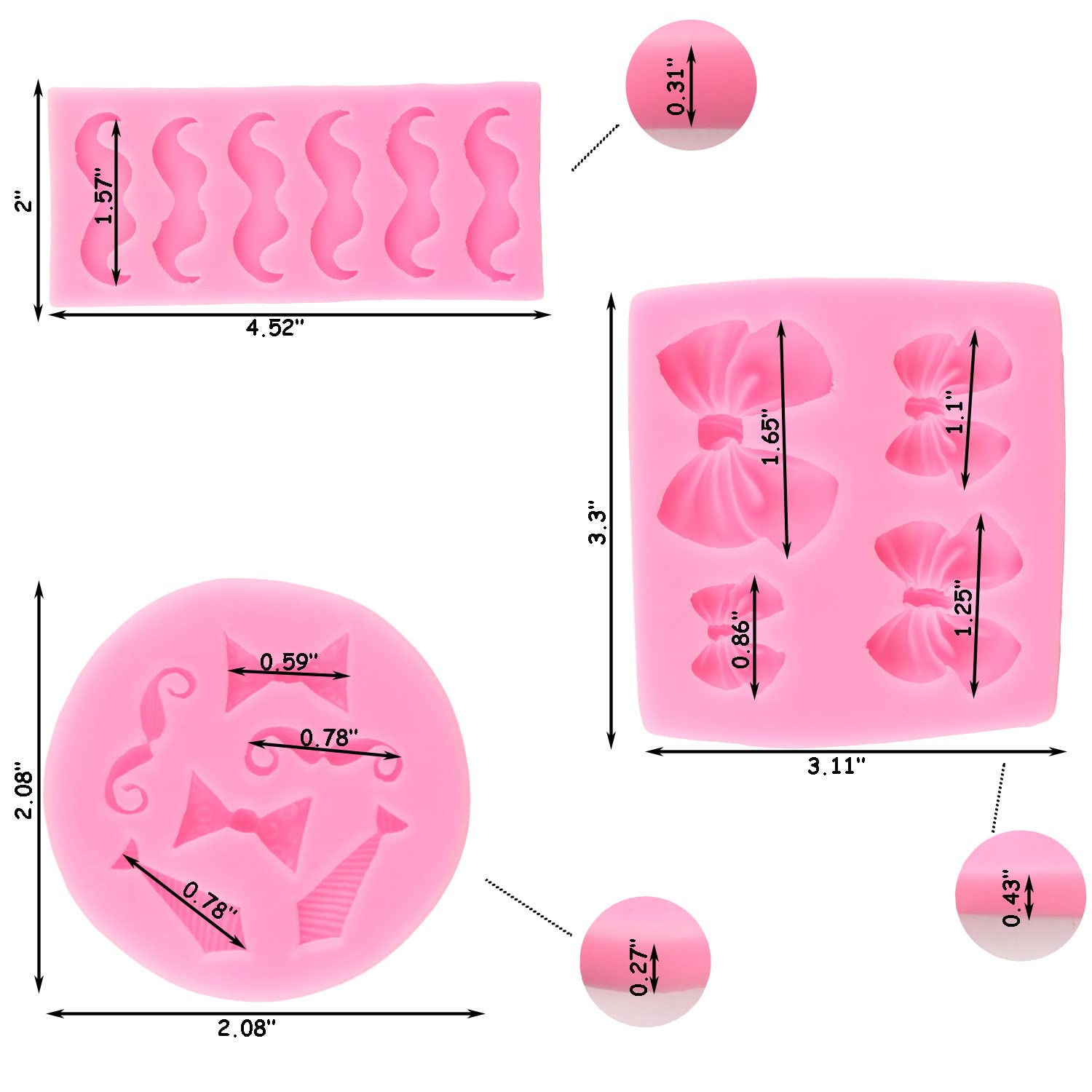 Zixiang Little Man Themed Cupcake Decoration Mold Mini Mustache Silicone Mold Tie Mold Bow Fondant Mold For Birthday Cake Decora