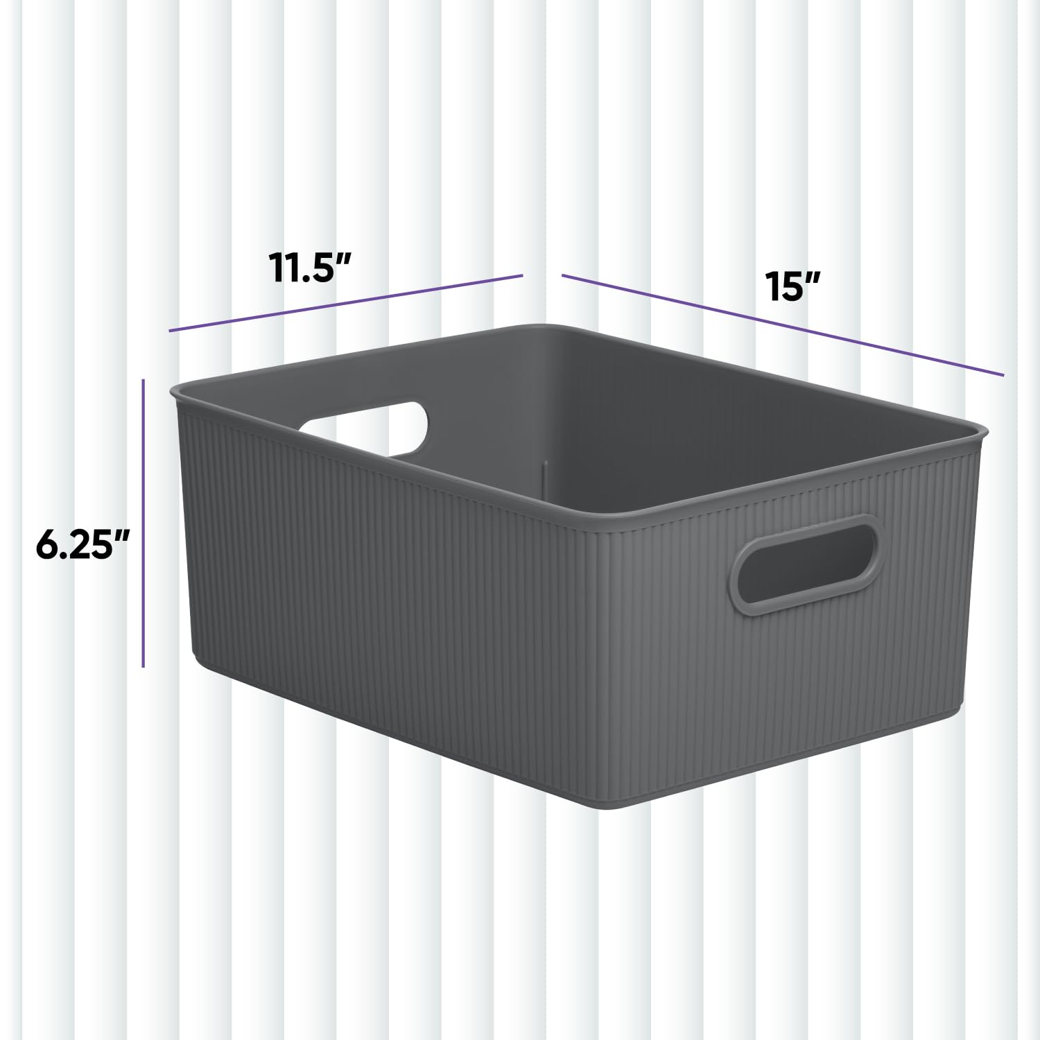 Superio Ribbed Collection - Decorative Plastic Open Home Storage Bins Organizer Baskets, Large Grey (4 Pack) Container Boxes For