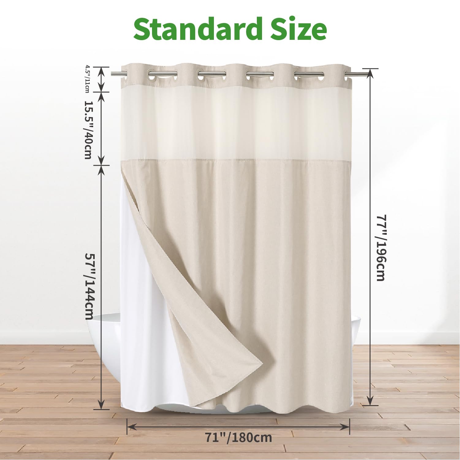 Eachope No Hooks Needed Linen Textured Shower Curtain With Snap-In Fabric Liner Set,Cream Hotel Luxury Decor Shower Curtains For