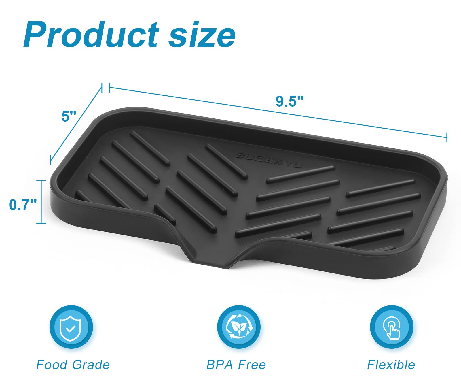 SUBEKYU Silicone Kitchen Soap Tray  Sink Tray for Kitchen Counter/Soap Bottles  Sponge Holder and Organizer with Drain Spout  Black  [Size: 9.5 x 5 inch]