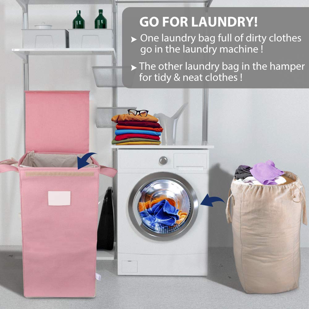 Mcleanpin 210L Pink Laundry Hamper With Lid And 2 Removable Bags, Collapsible Dirty Clothes Hamper With Handles, Foldable Baby N