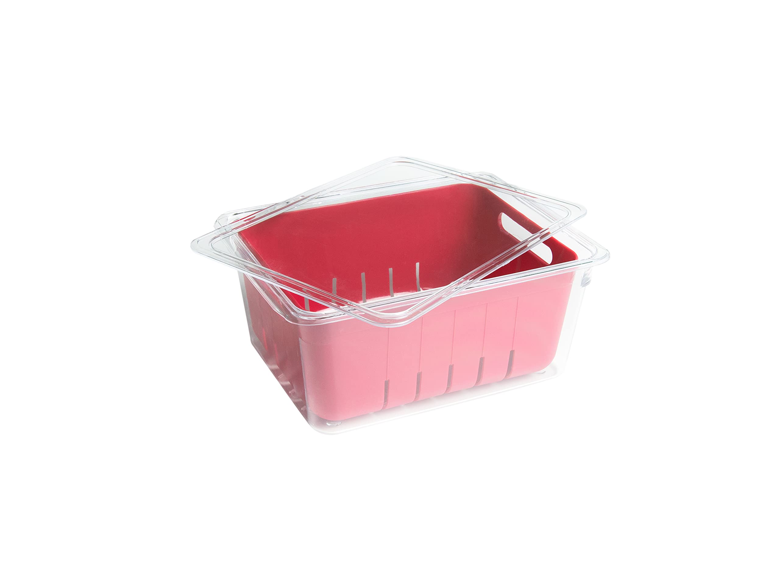 Kitchen Spaces KSCB12-AMZ Colander Bin Stackable Food Storage Organizer for Fridge  Freezer  and Pantry  8.8'' x 6.8'' x 3.9''  Red & Clear