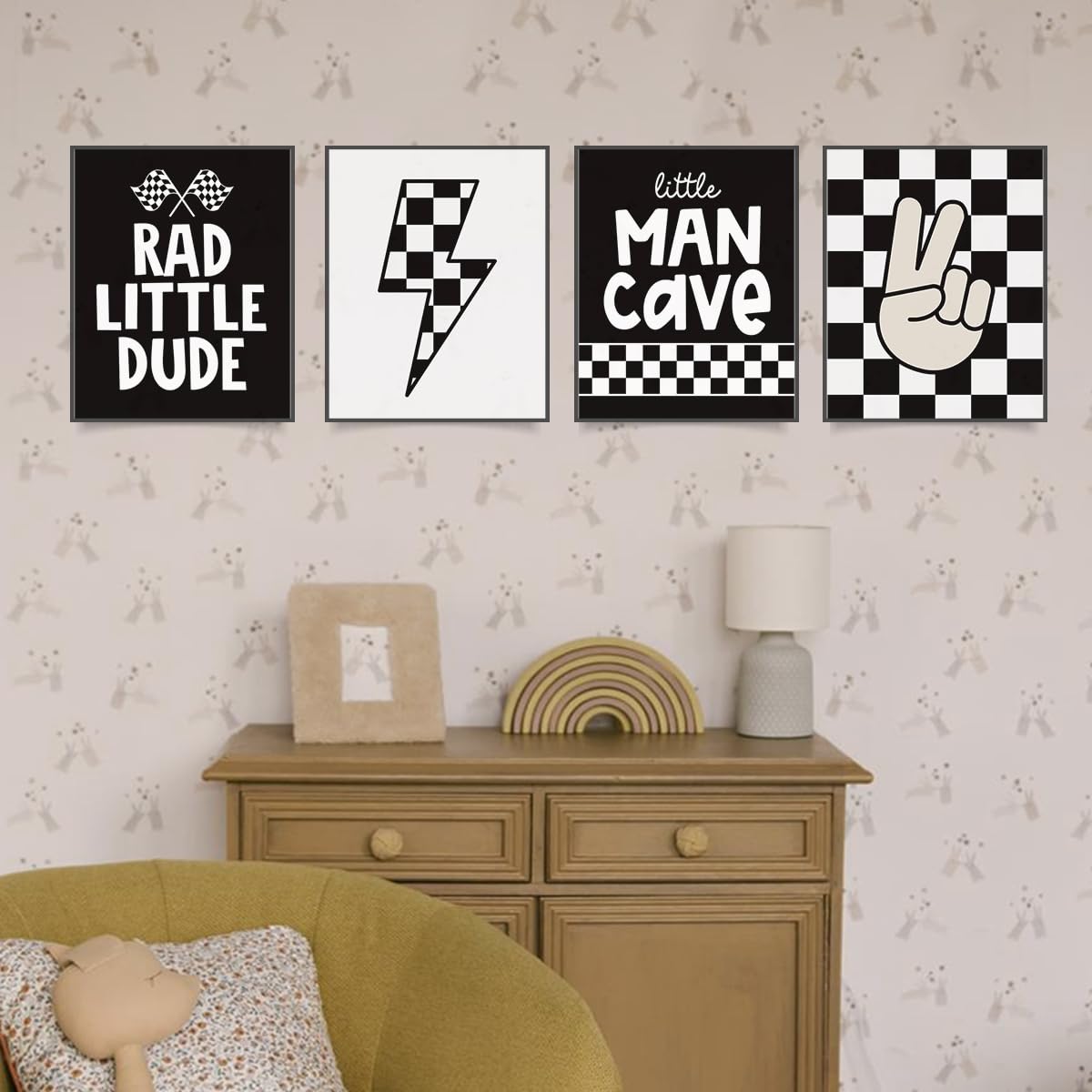 PLKMN Little Dude Prints Set of 4, Retro Black Buffalo Plaid Wall Art, 8x10 Inch, Unframed, Model LH-55, Preppy Peace Decor