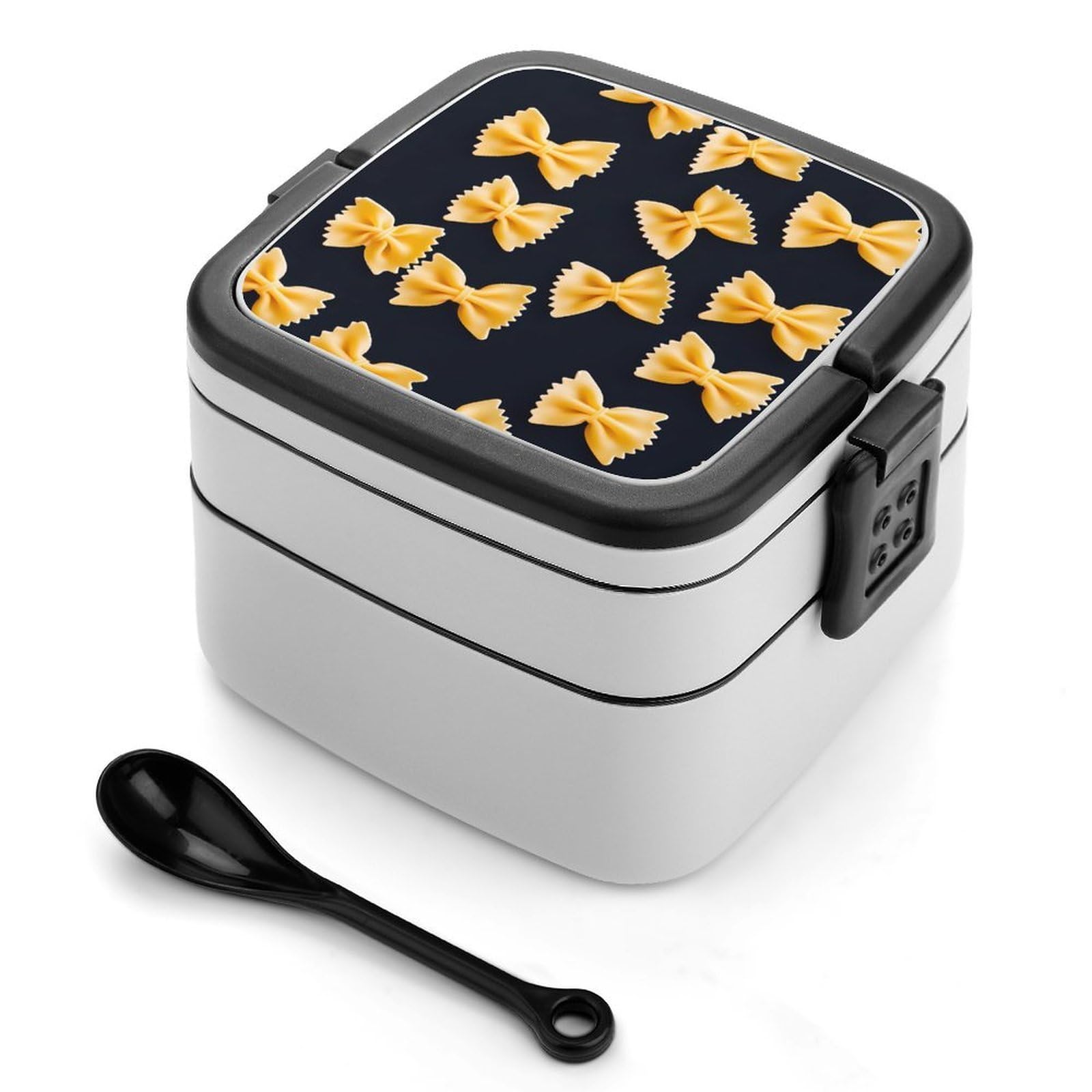 Bow Tie Pasta Printed Double Layer Bento Box Detachable Lunch Boxes Containers with Spoon for Work Picnic