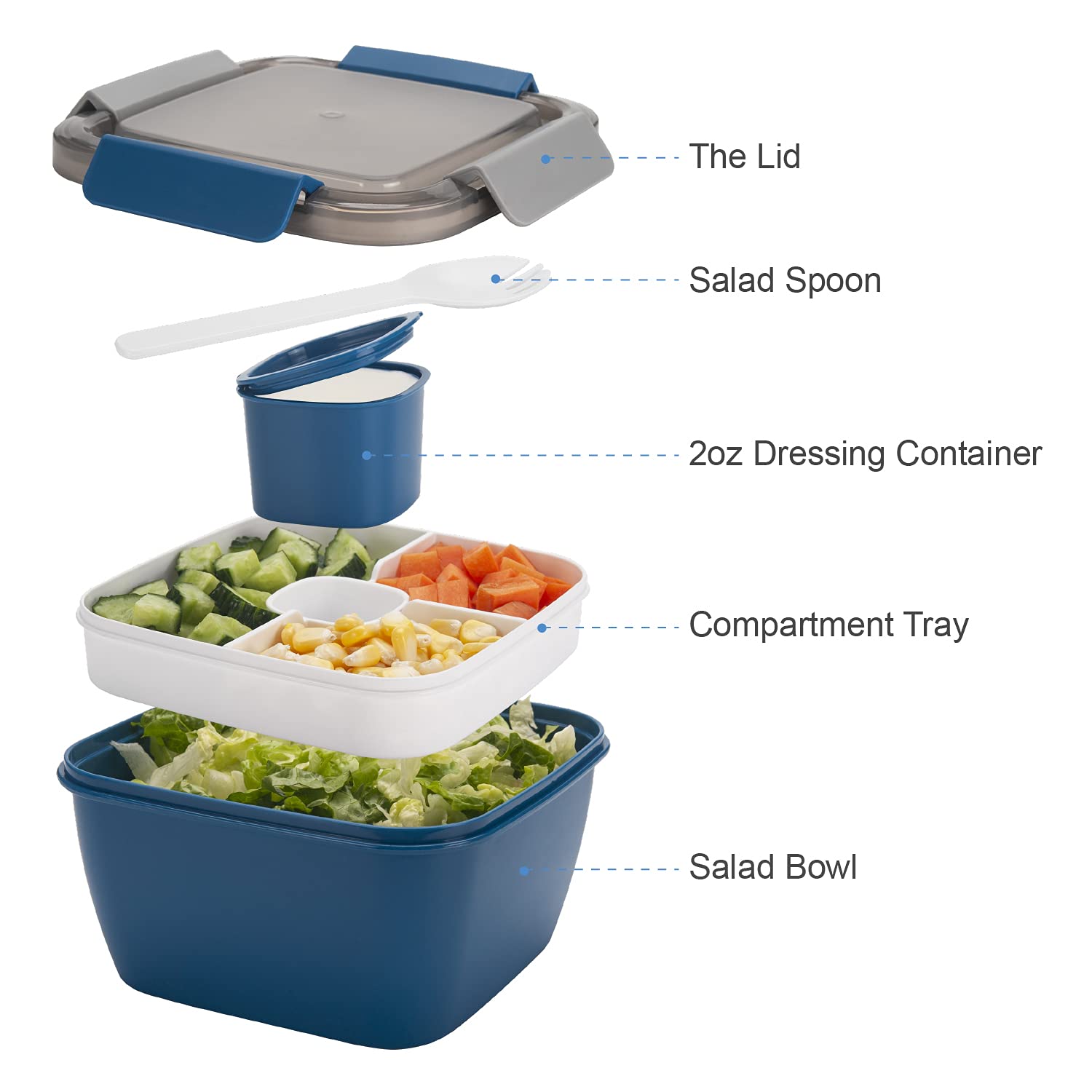 Freshmage Salad Lunch Container To Go, 52-Oz Salad Bowls With 3 Compartments, Salad Dressings Container For Salad Toppings, Snac