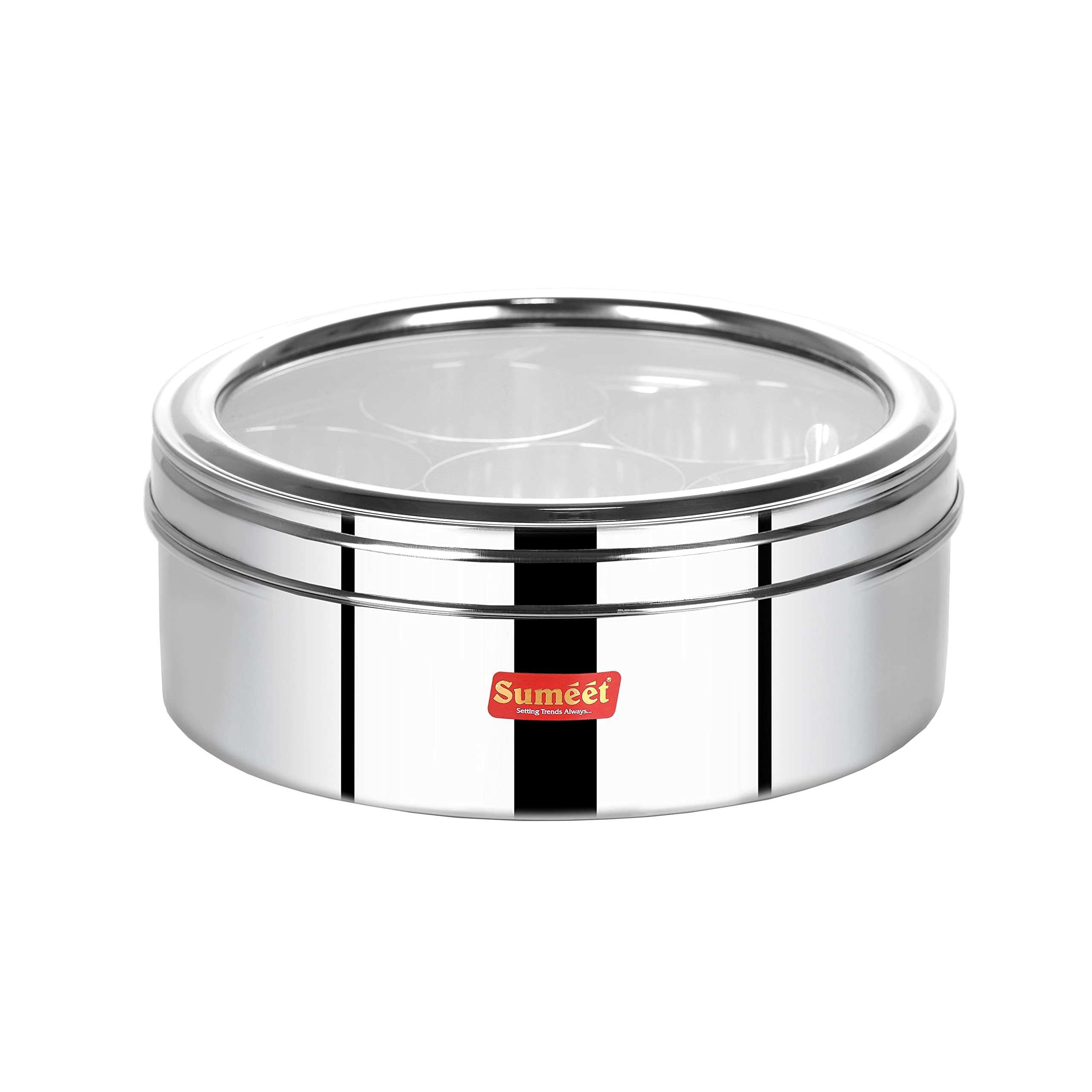 Sumeet Stainless Steel Round Masala (Spice) BoxOrganiser with See Through Lid With 7 Containers and Small Spoon Size 12 (2Ltr) (